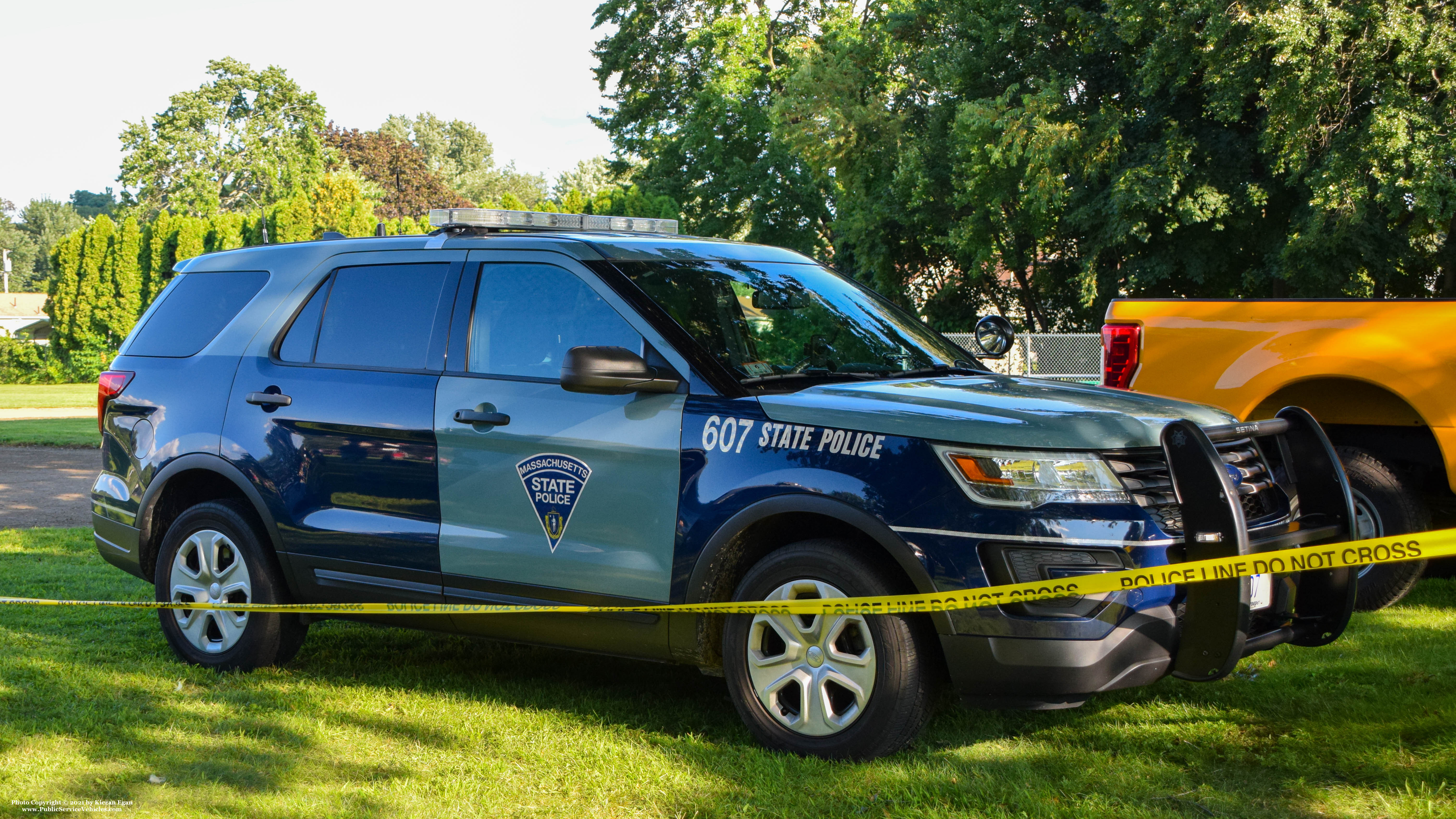 A photo  of Massachusetts State Police
            Cruiser 607, a 2019 Ford Police Interceptor Utility             taken by Kieran Egan