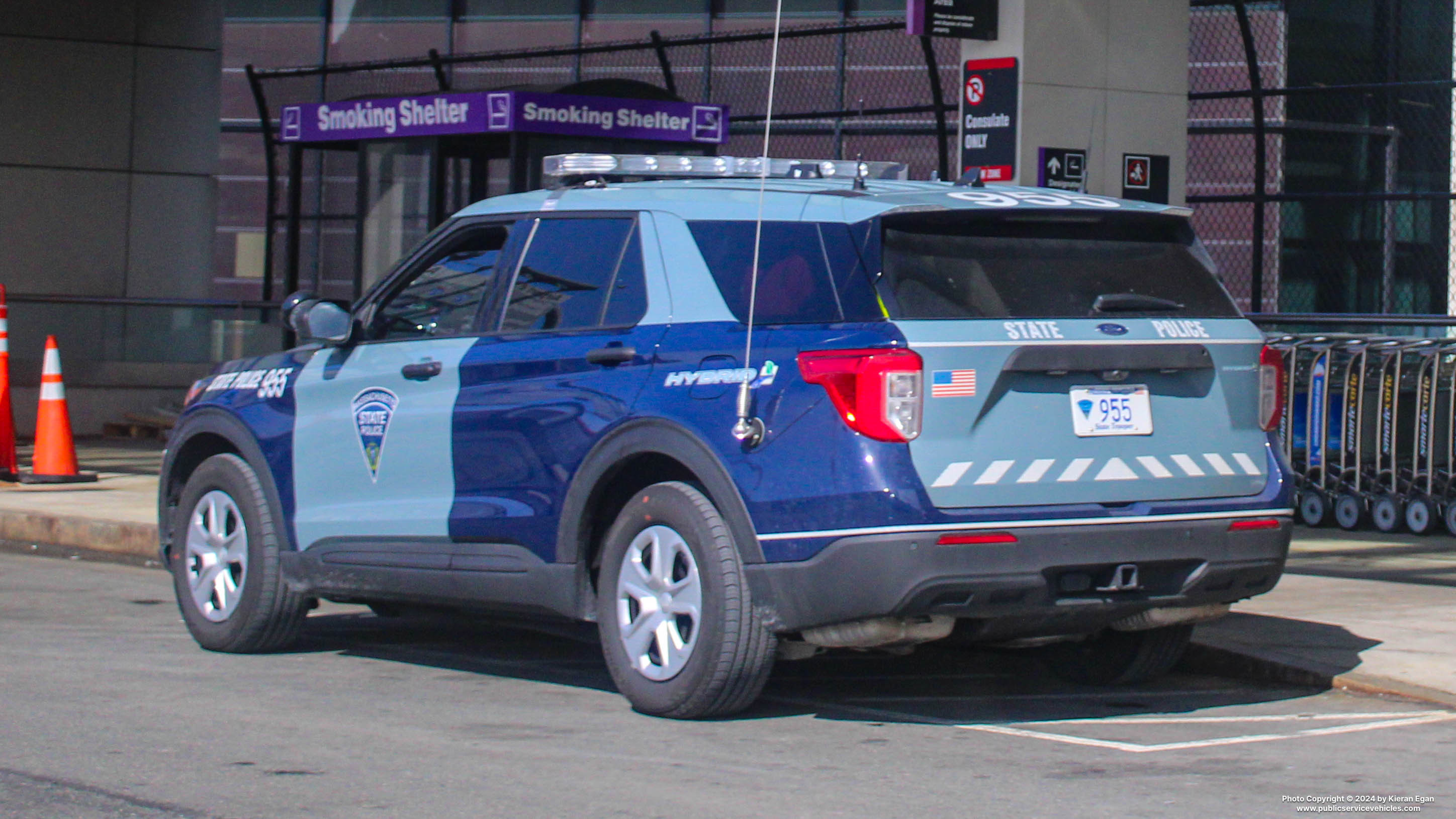 A photo  of Massachusetts State Police
            Cruiser 955, a 2023 Ford Police Interceptor Utility Hybrid             taken by Kieran Egan