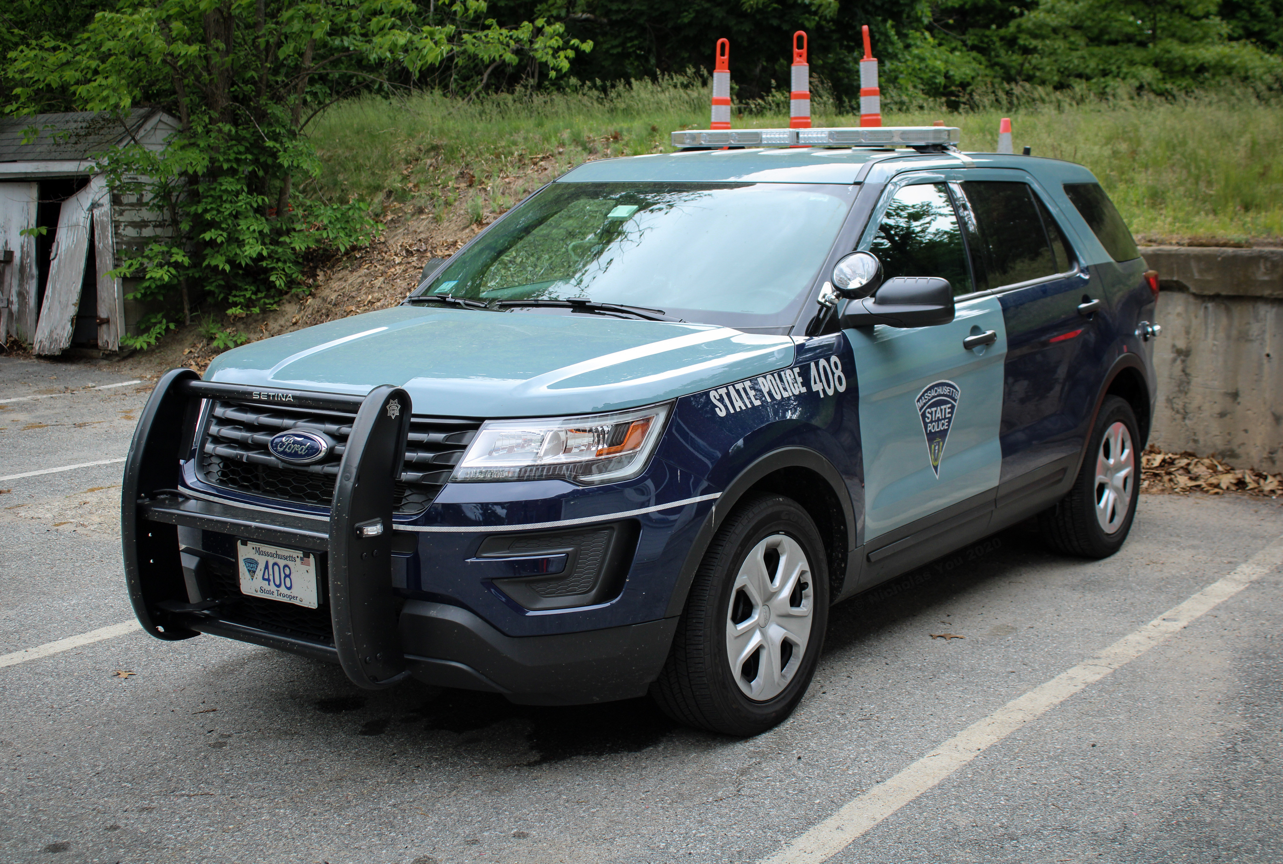 A photo  of Massachusetts State Police
            Cruiser 408, a 2018-2019 Ford Police Interceptor Utility             taken by Nicholas You