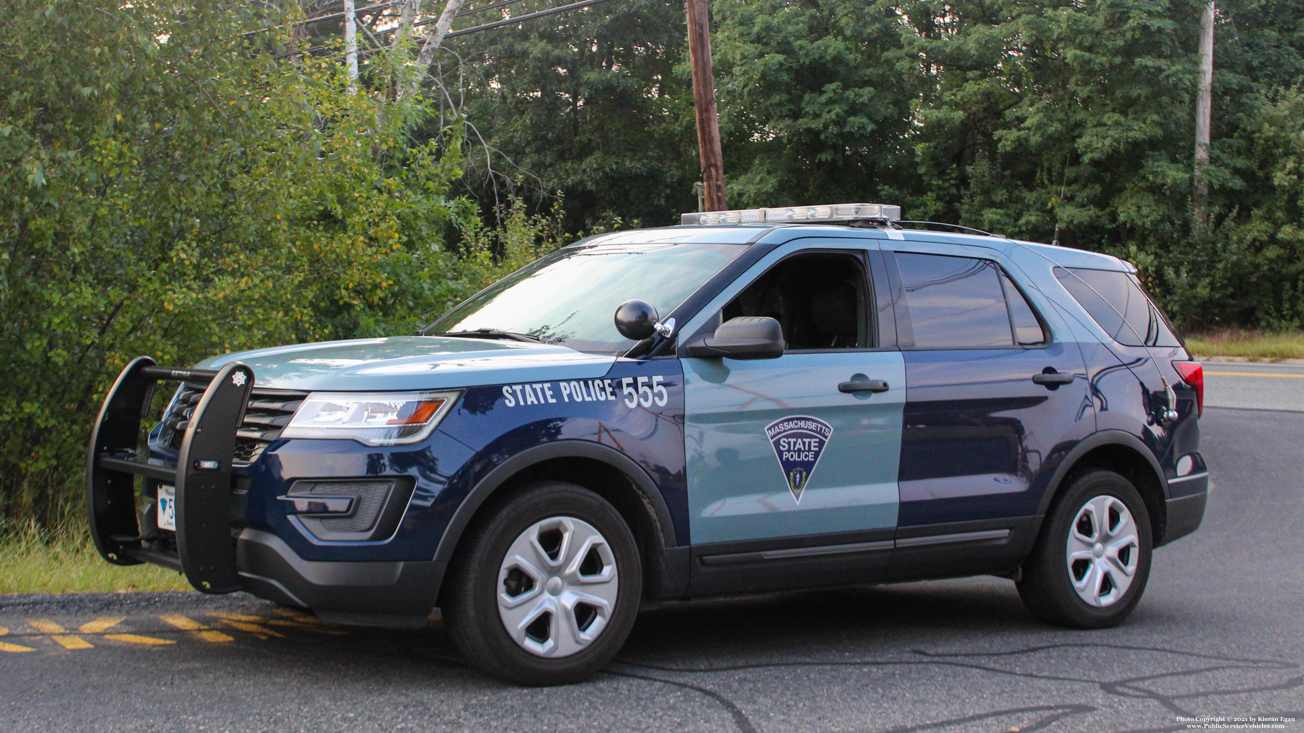 A photo  of Massachusetts State Police
            Cruiser 555, a 2017 Ford Police Interceptor Utility             taken by Kieran Egan