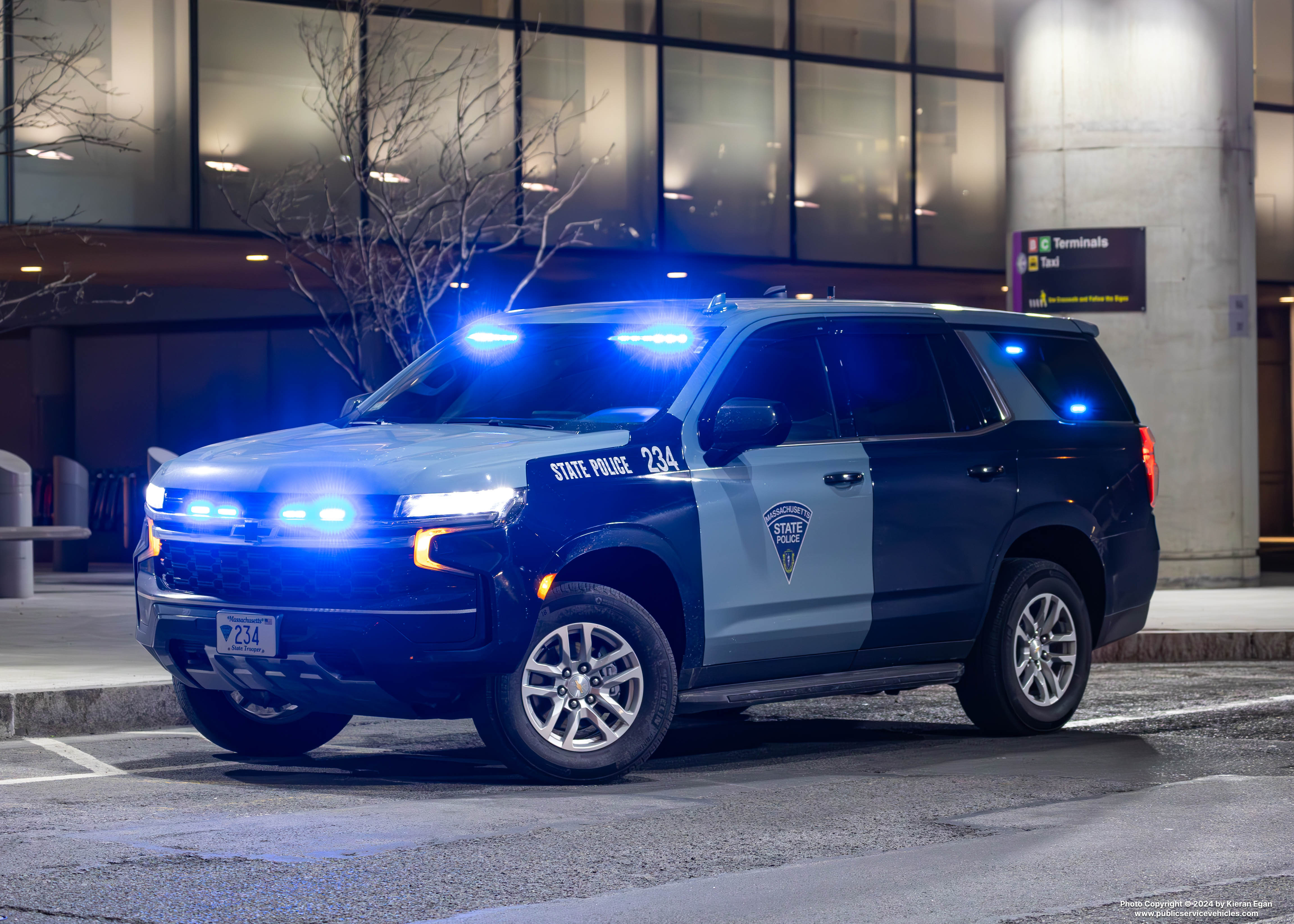 A photo  of Massachusetts State Police
            Cruiser 234, a 2023 Chevrolet Tahoe             taken by Kieran Egan