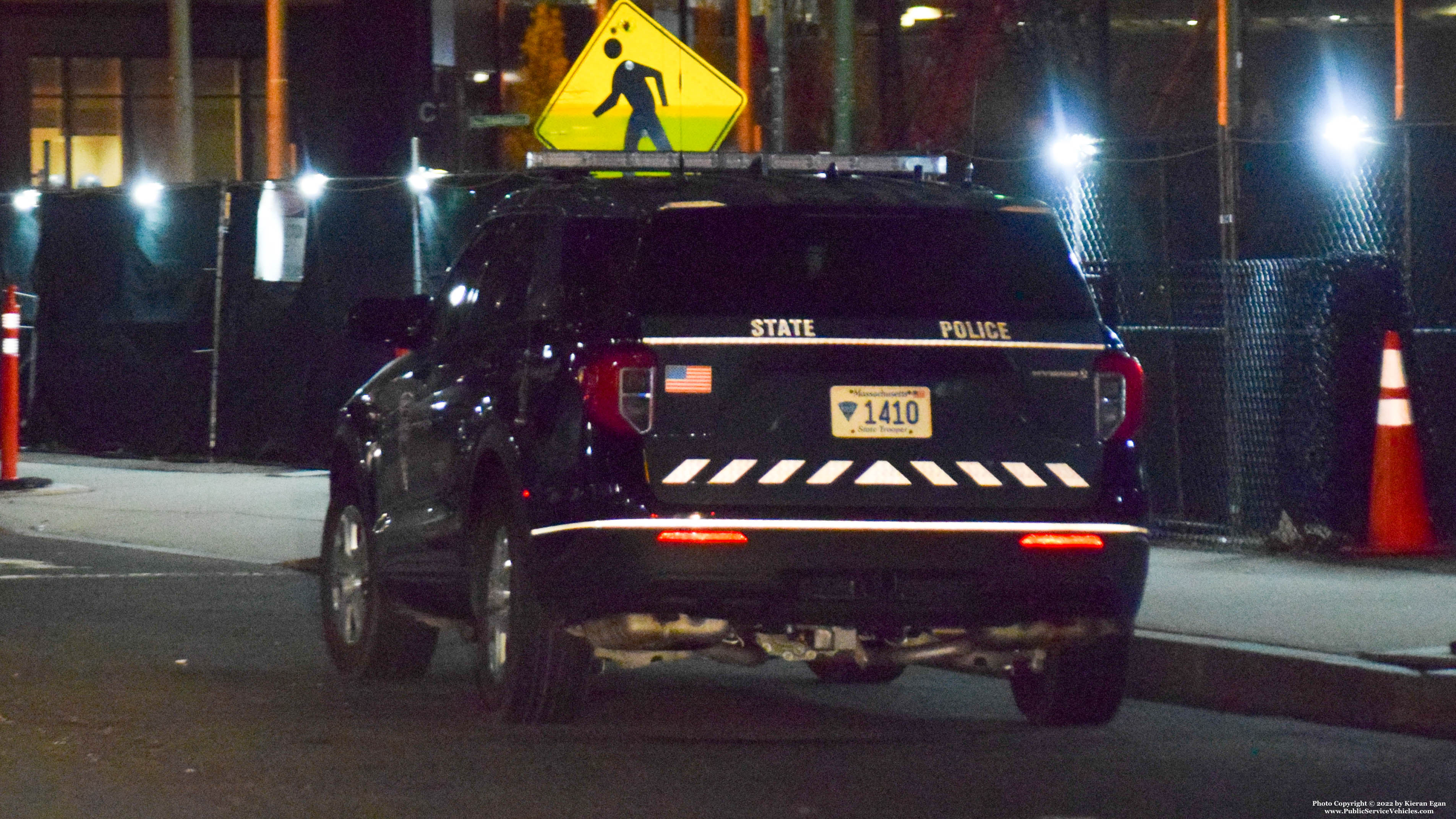 A photo  of Massachusetts State Police
            Cruiser 1410, a 2020 Ford Police Interceptor Utility Hybrid             taken by Kieran Egan