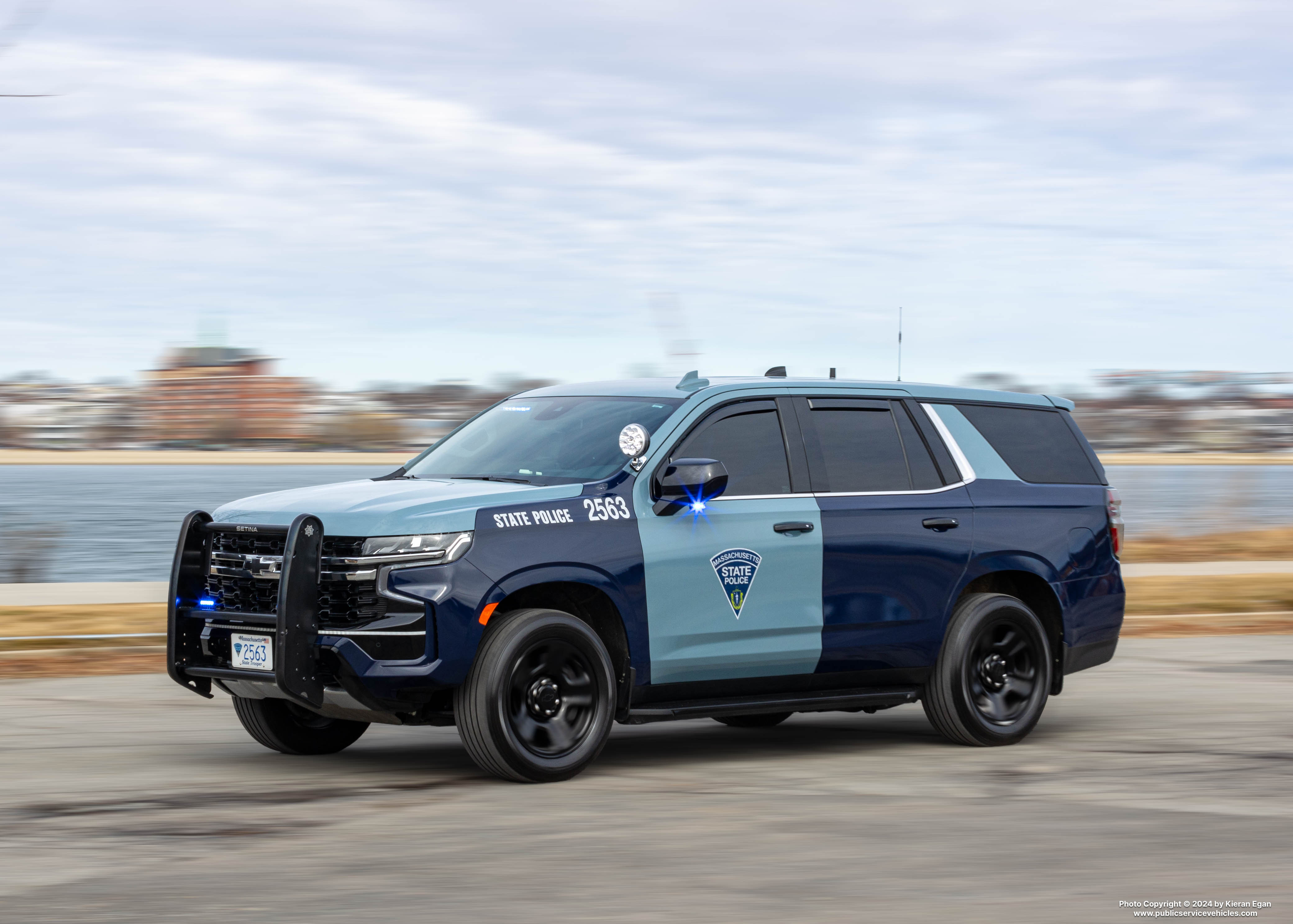 A photo  of Massachusetts State Police
            Cruiser 2563, a 2023 Chevrolet Tahoe             taken by Kieran Egan