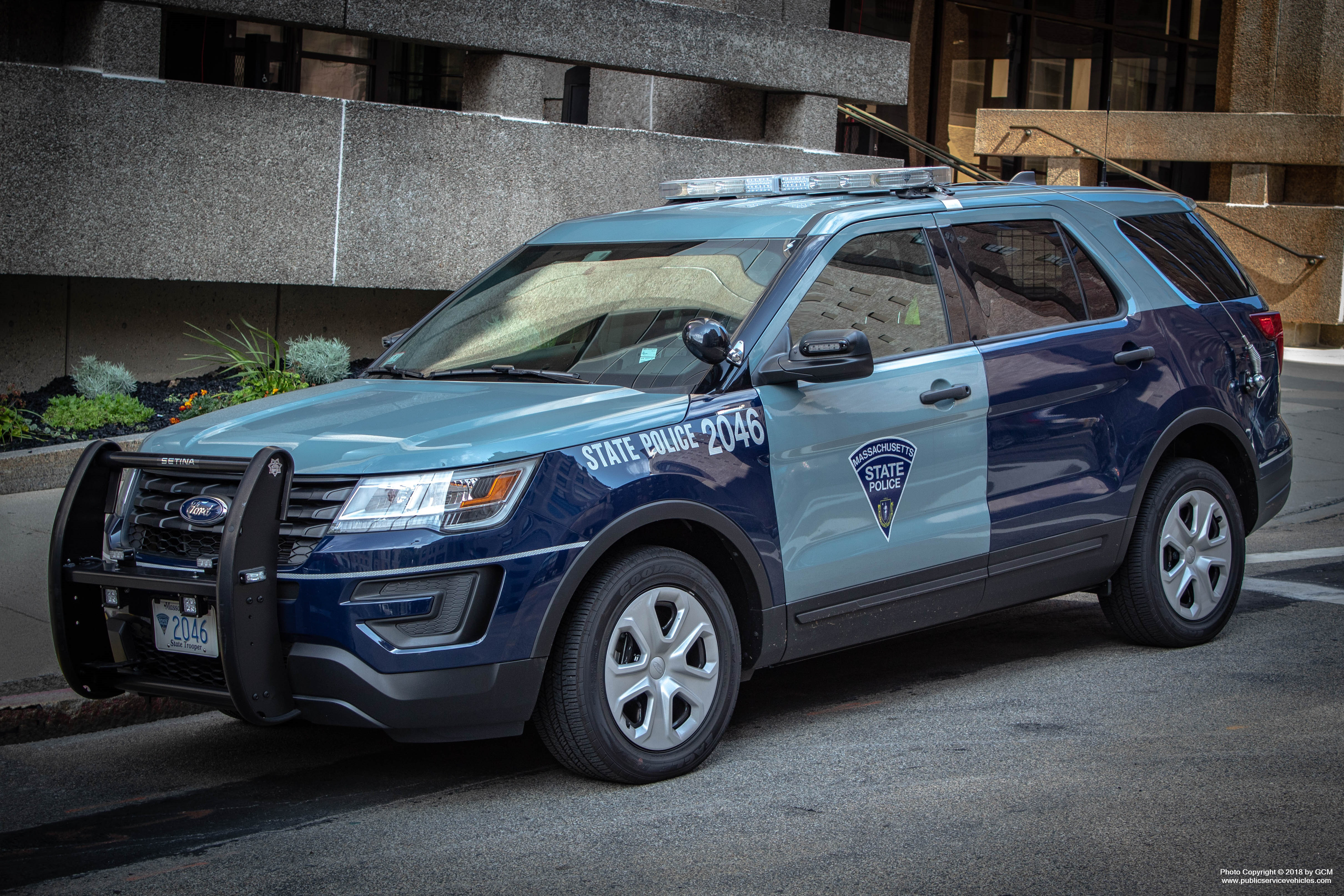 A photo  of Massachusetts State Police
            Cruiser 2046, a 2018 Ford Police Interceptor Utility             taken by Corey Gillet