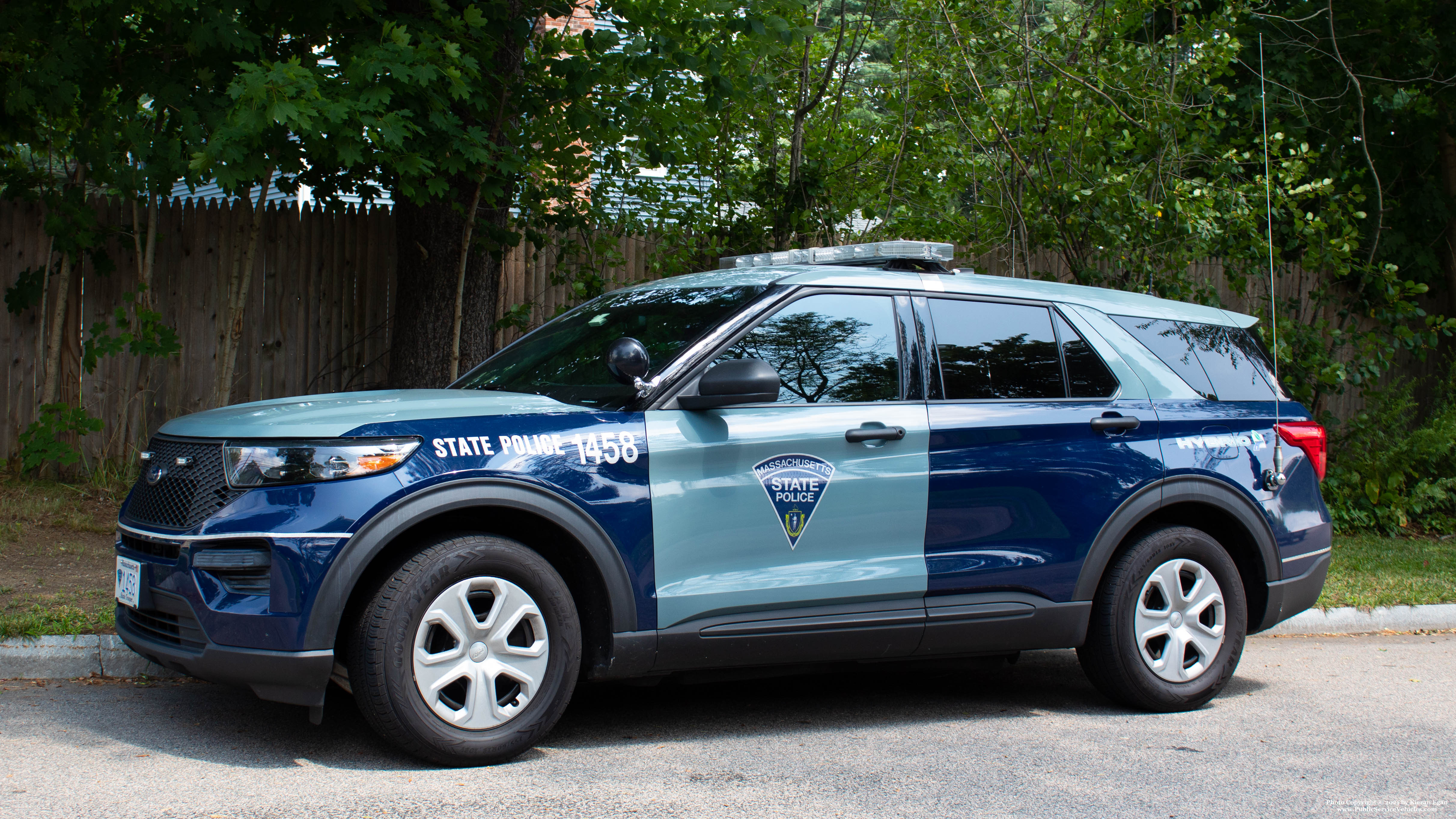 A photo  of Massachusetts State Police
            Cruiser 1458, a 2020 Ford Police Interceptor Utility Hybrid             taken by Kieran Egan
