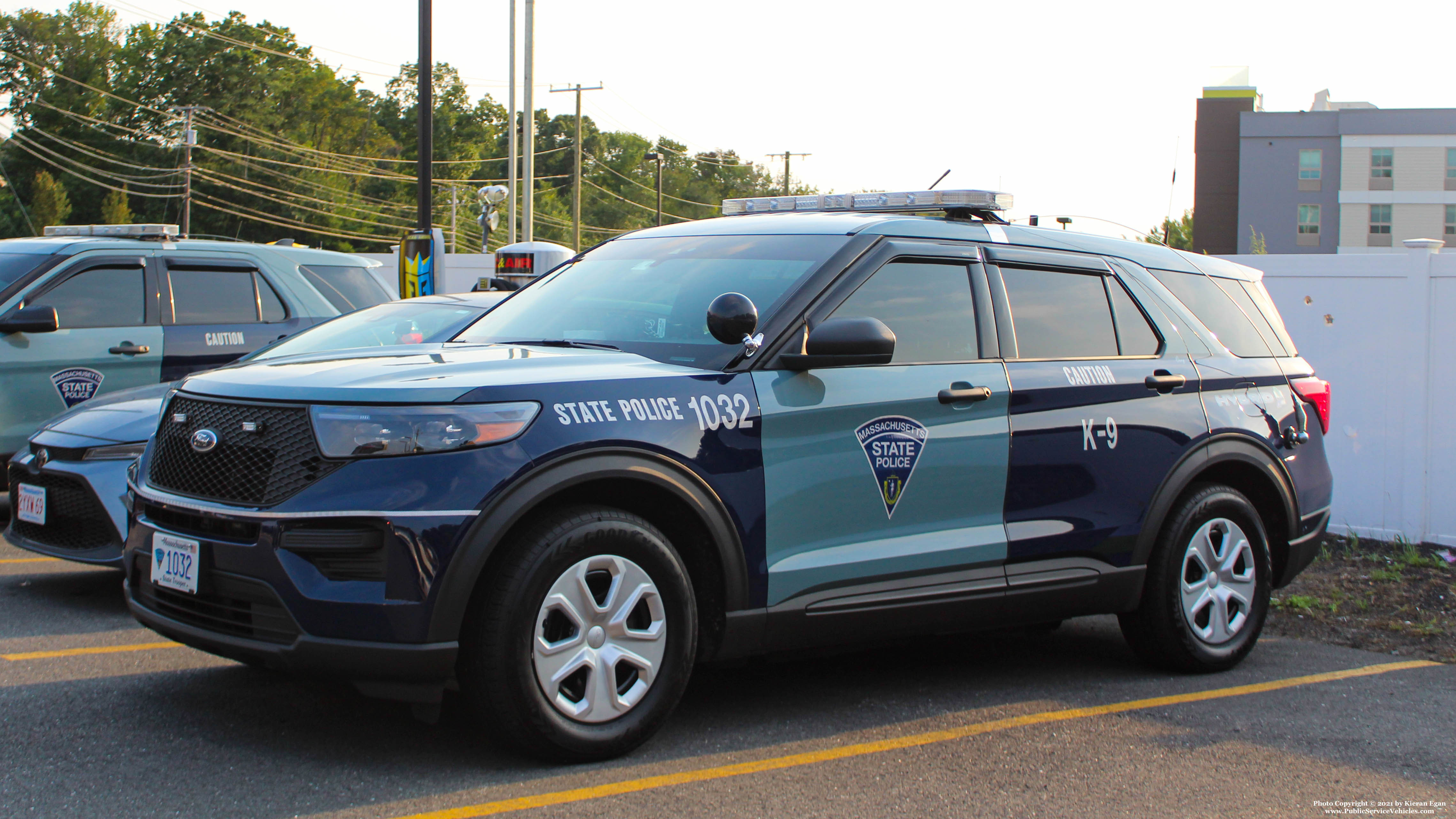 A photo  of Massachusetts State Police
            Cruiser 1032, a 2020 Ford Police Interceptor Utility Hybrid             taken by Kieran Egan