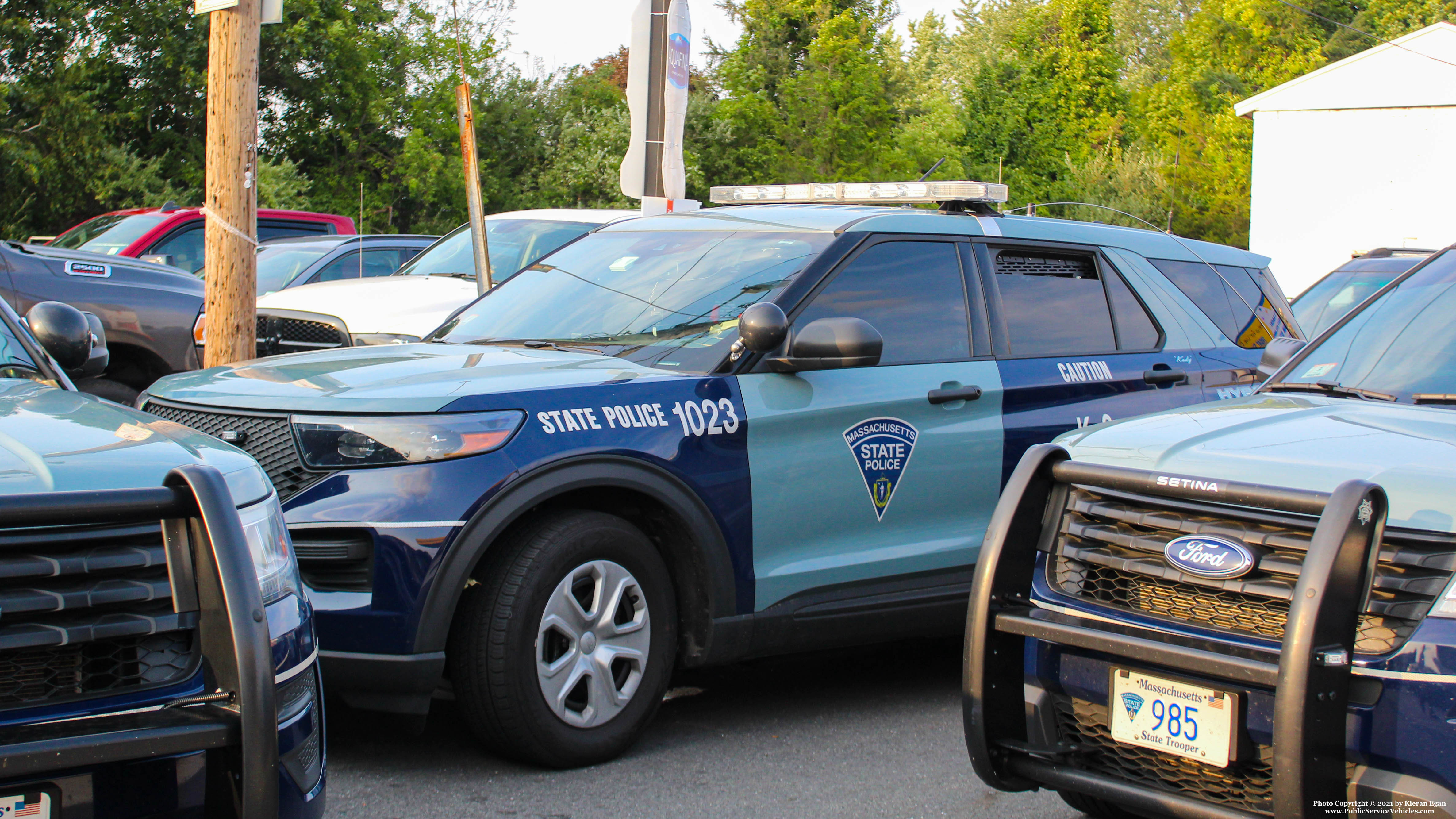 A photo  of Massachusetts State Police
            Cruiser 1023, a 2020 Ford Police Interceptor Utility Hybrid             taken by Kieran Egan