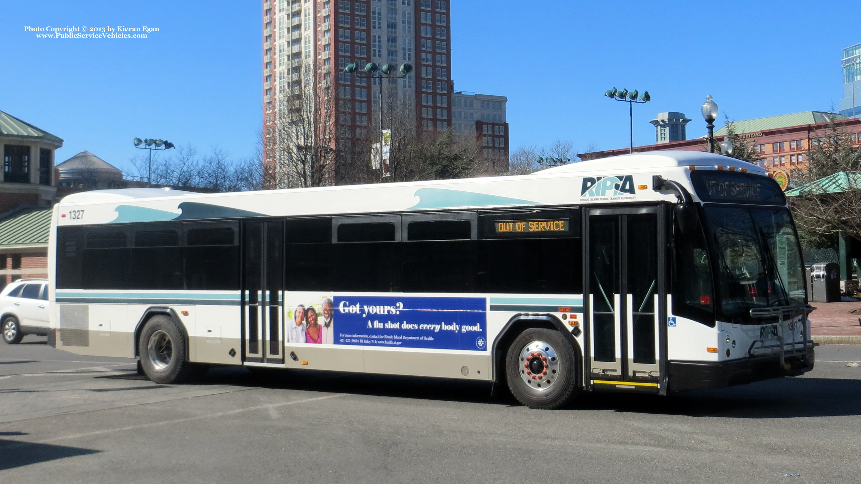 A photo  of Rhode Island Public Transit Authority
            Bus 1327, a 2013 Gillig BRT             taken by Kieran Egan