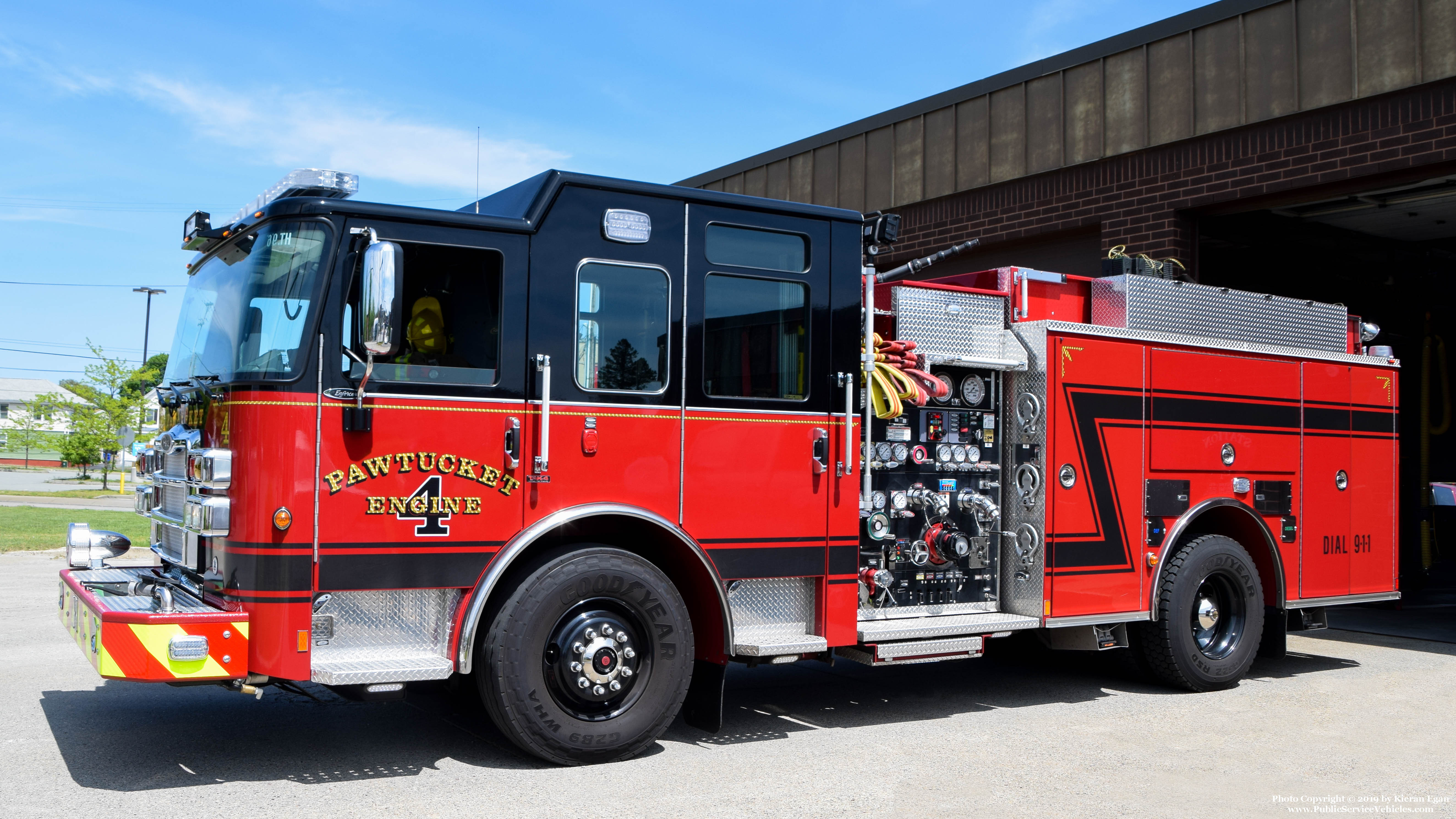 A photo  of Pawtucket Fire
            Engine 4, a 2018 Pierce Enforcer             taken by Kieran Egan