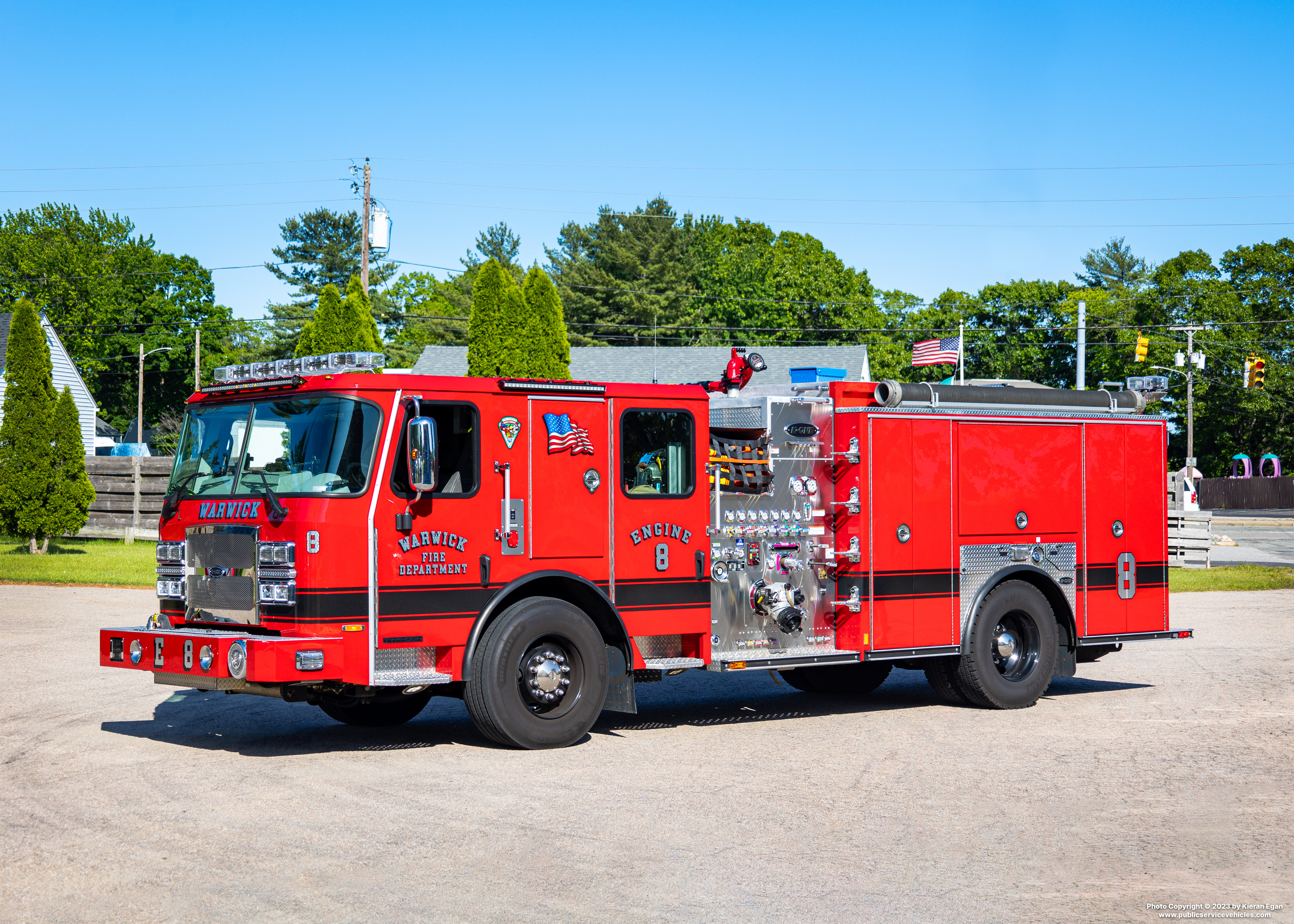 A photo  of Warwick Fire
            Engine 8, a 2022 E-One Typhoon             taken by Kieran Egan
