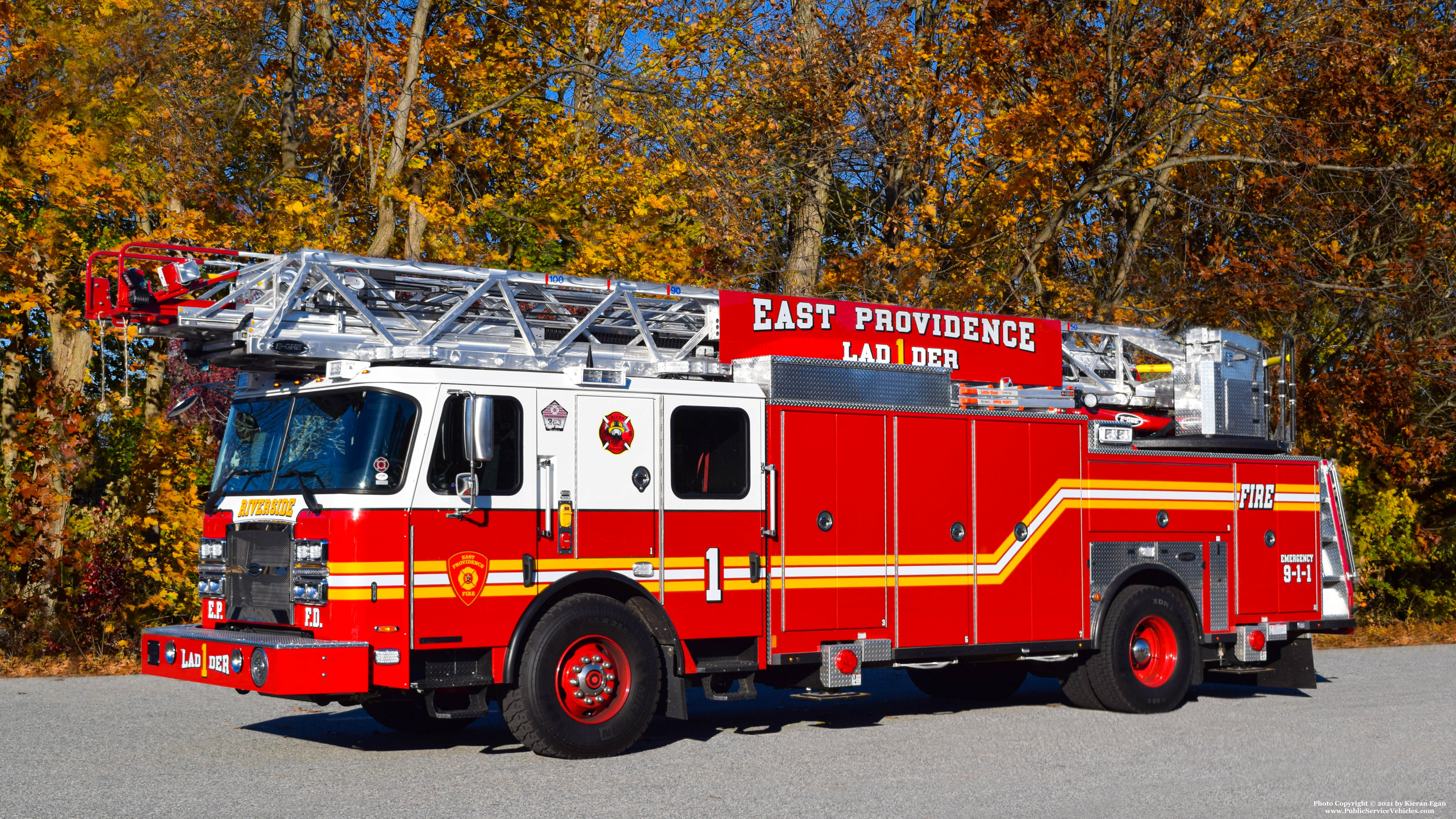 A photo  of East Providence Fire
            Ladder 1, a 2021 E-One Typhoon Metro             taken by Kieran Egan