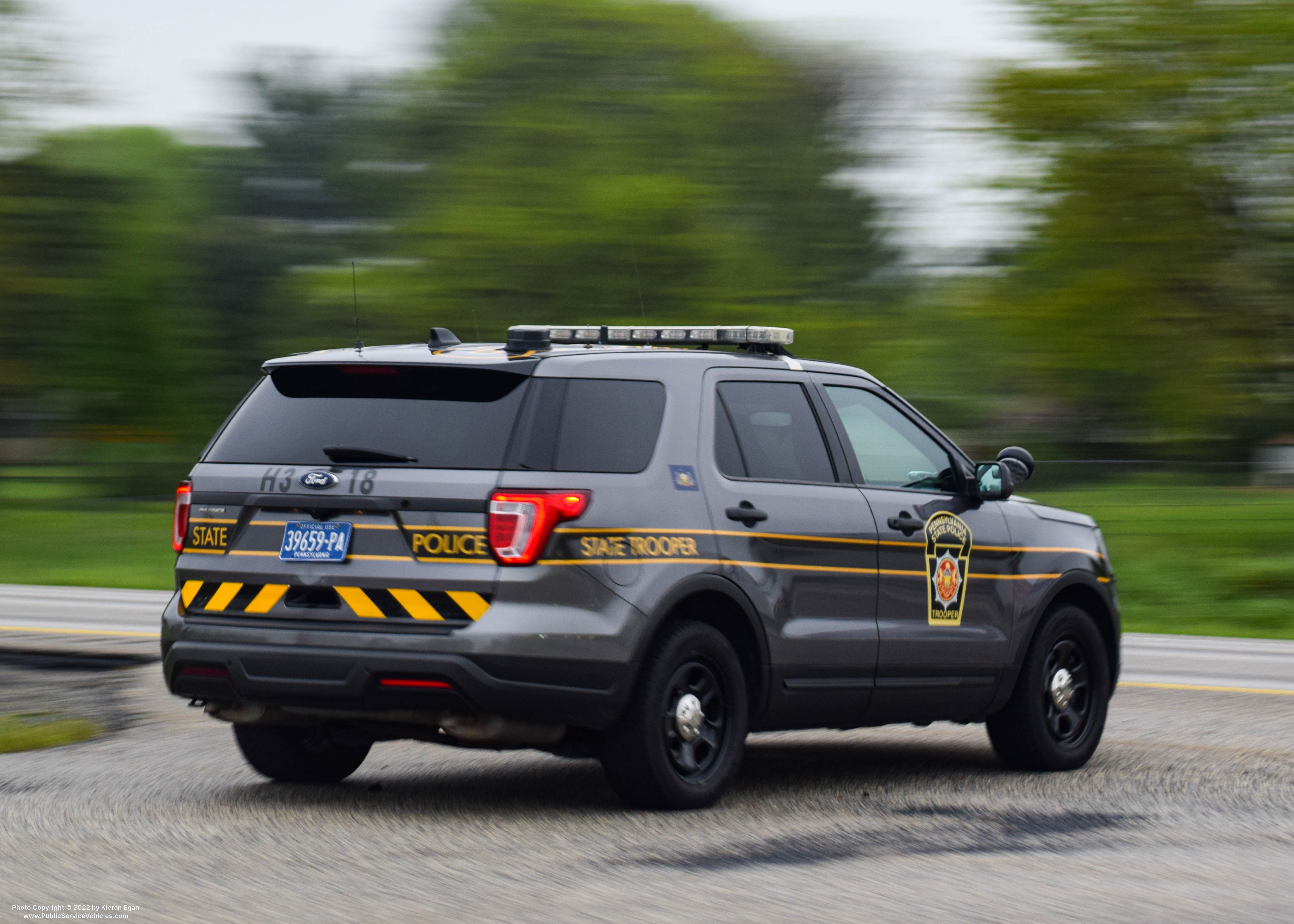 A photo  of Pennsylvania State Police
            Cruiser H3 18, a 2018-2019 Ford Police Interceptor Utility             taken by Kieran Egan