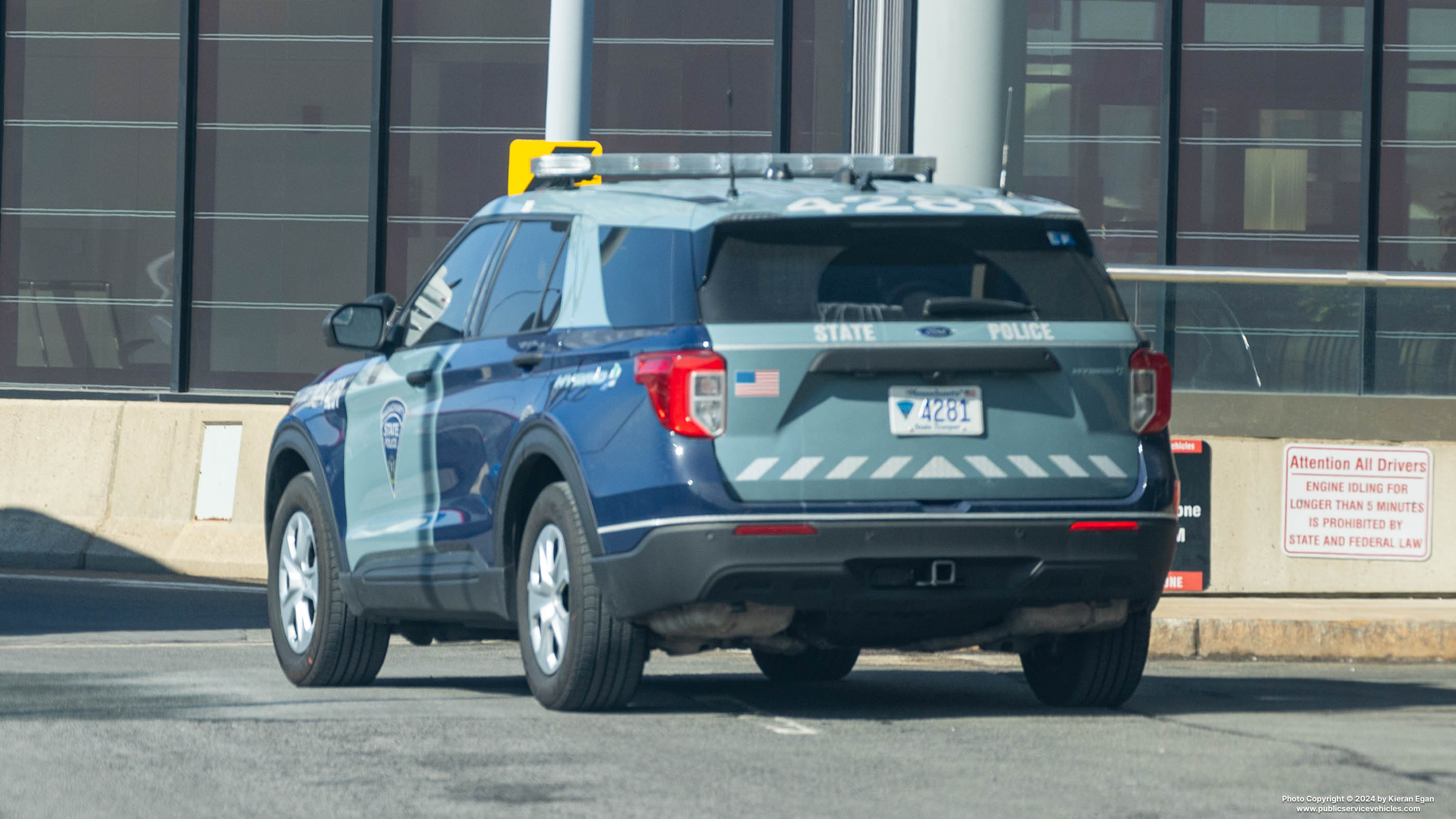 A photo  of Massachusetts State Police
            Cruiser 4281, a 2023 Ford Police Interceptor Utility Hybrid             taken by Kieran Egan