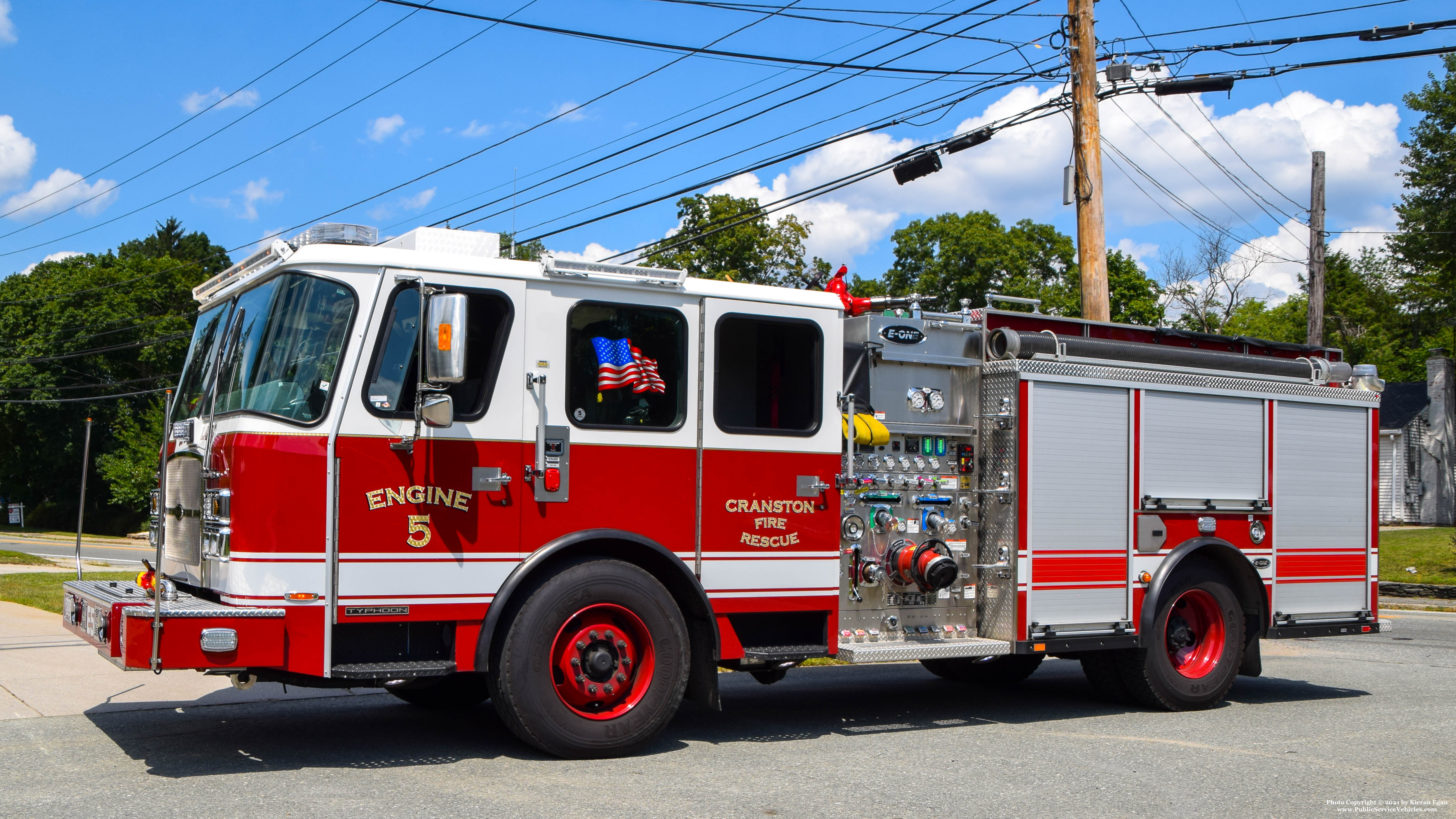 A photo  of Cranston Fire
            Engine 5, a 2018 E-One Typhoon             taken by Kieran Egan