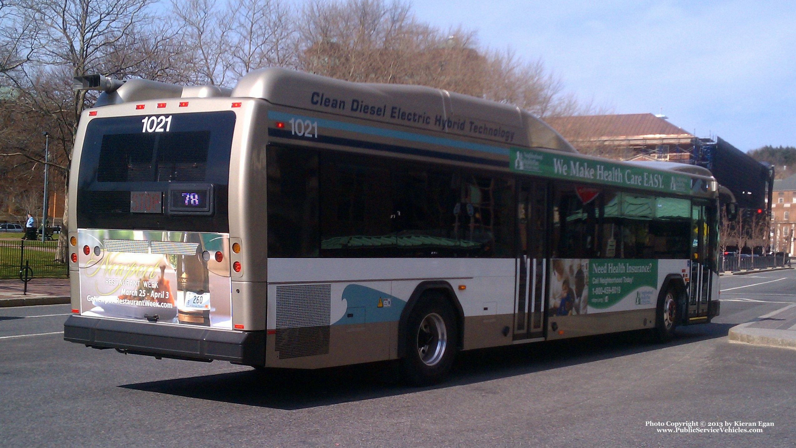 A photo  of Rhode Island Public Transit Authority
            Bus 1021, a 2010 Gillig BRT HEV             taken by Kieran Egan