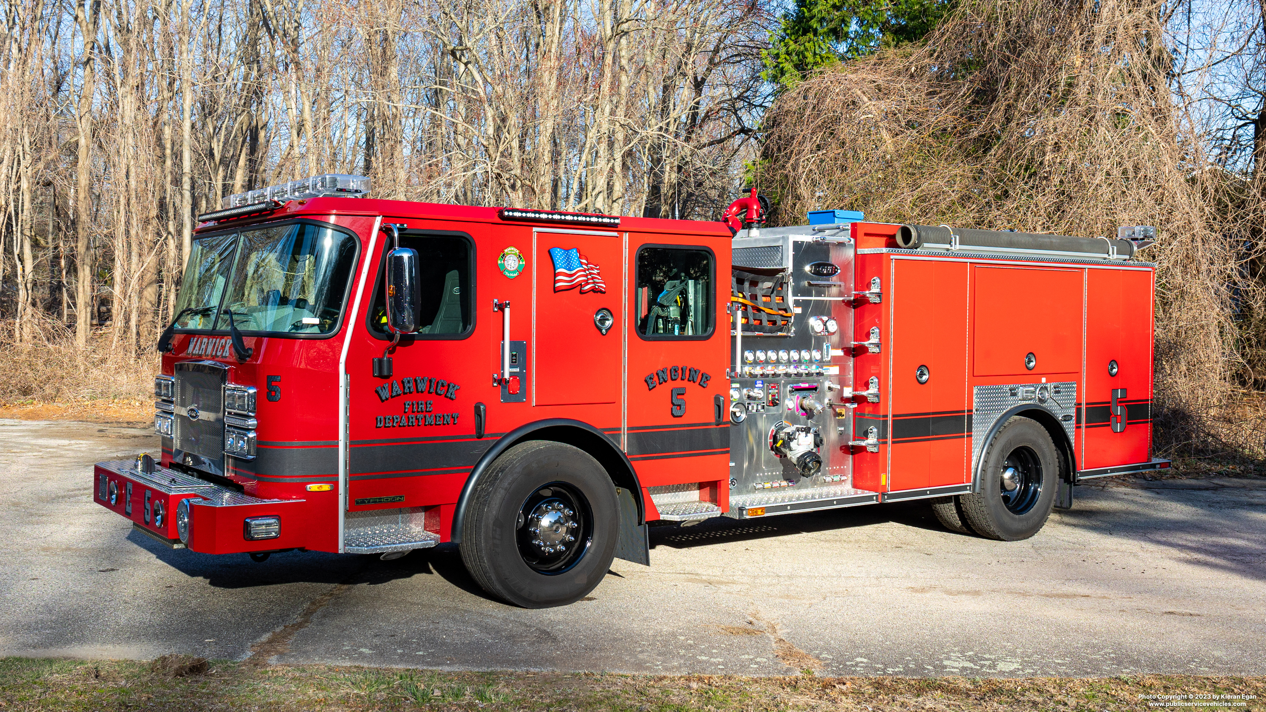 A photo  of Warwick Fire
            Engine 5, a 2022 E-One Typhoon             taken by Kieran Egan