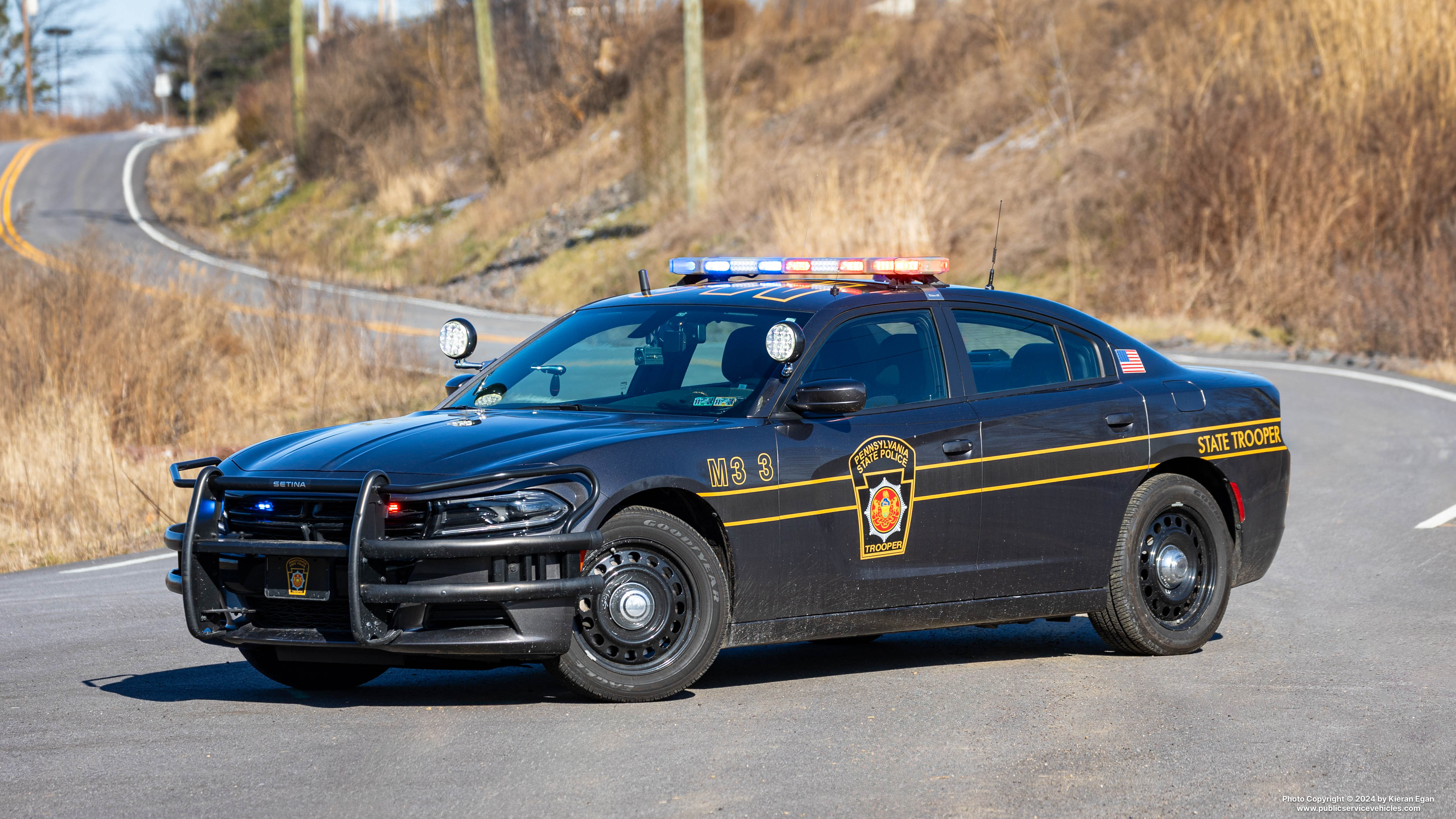 A photo  of Pennsylvania State Police
            Cruiser M3 3, a 2022 Dodge Charger             taken by Kieran Egan