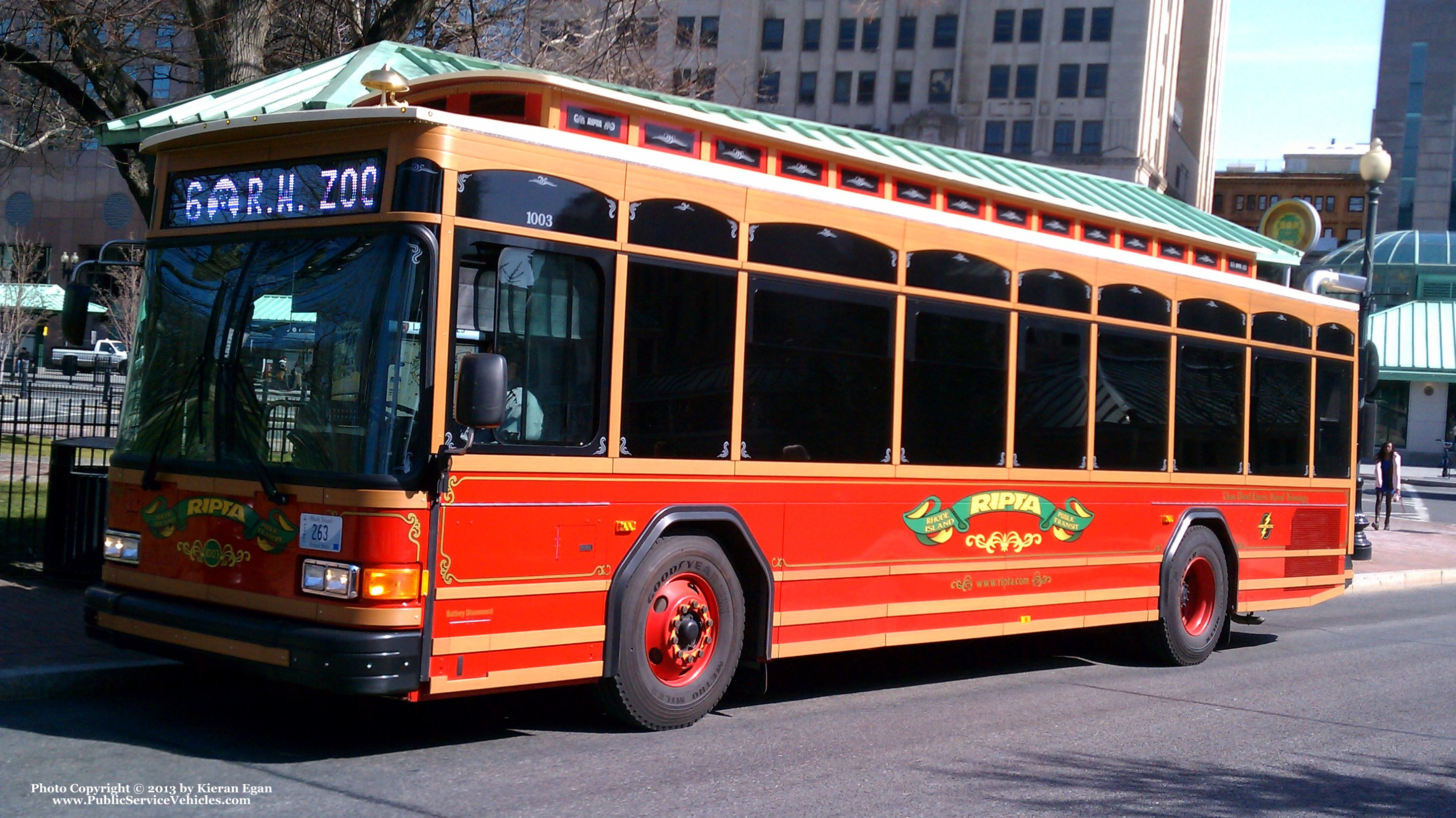 A photo  of Rhode Island Public Transit Authority
            Trolley 1003, a 2010 Gillig Low Floor Trolley Replica HEV             taken by Kieran Egan