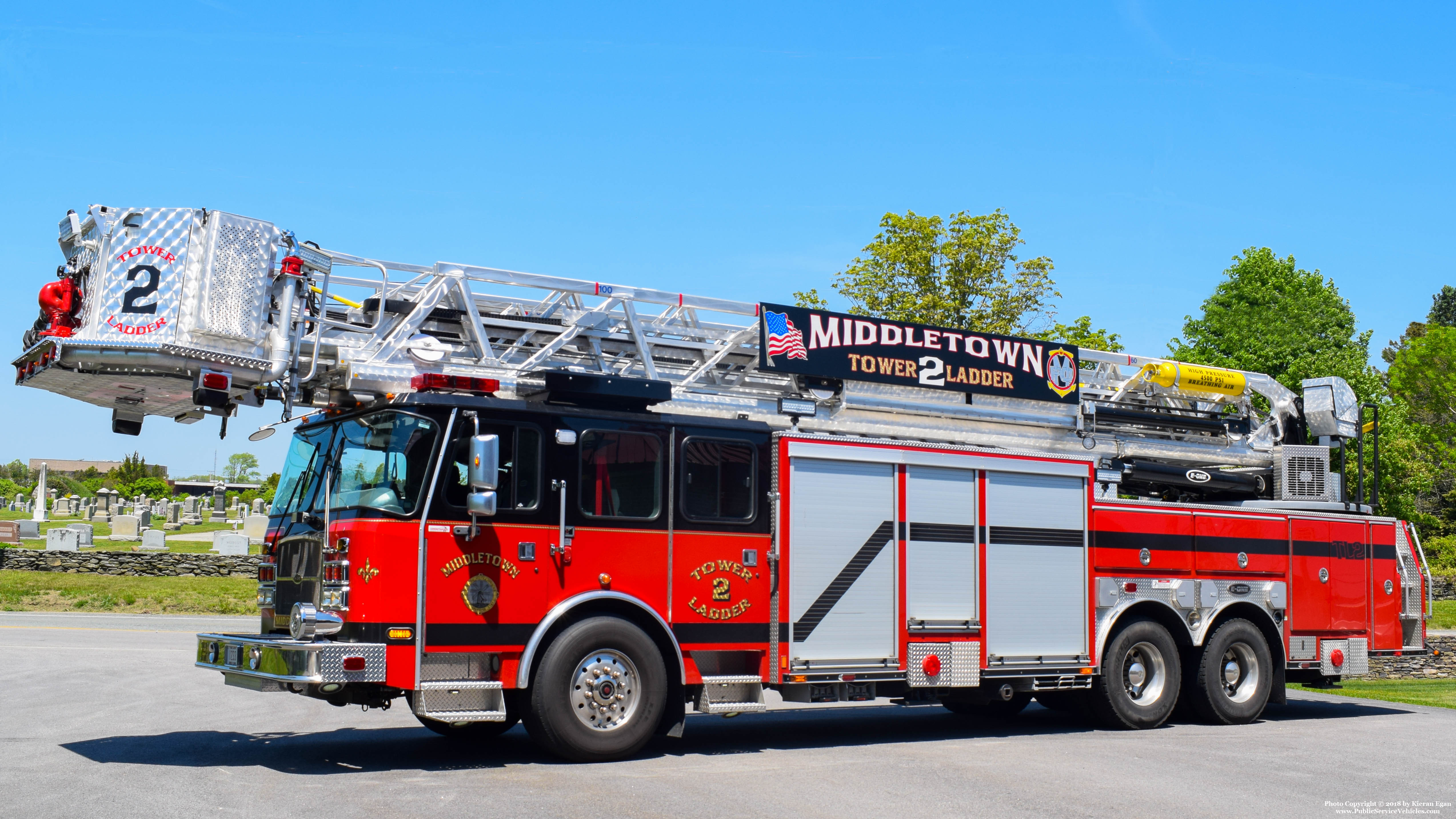 A photo  of Middletown Fire
            Tower Ladder 2, a 2012 E-One Cyclone II             taken by Kieran Egan