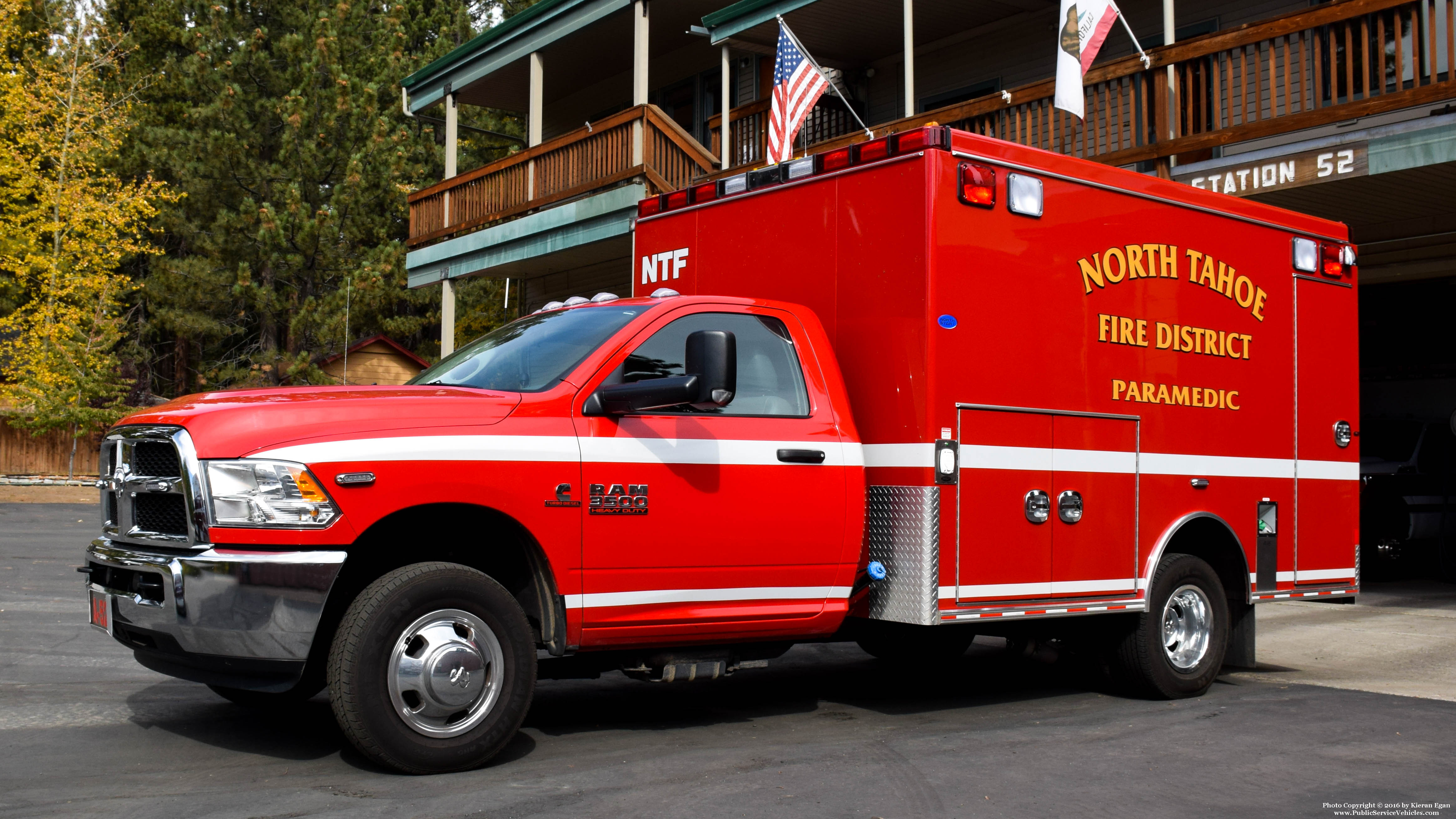 A photo  of North Tahoe Fire District
            Ambulance 52, a 2016 RAM 3500             taken by Kieran Egan