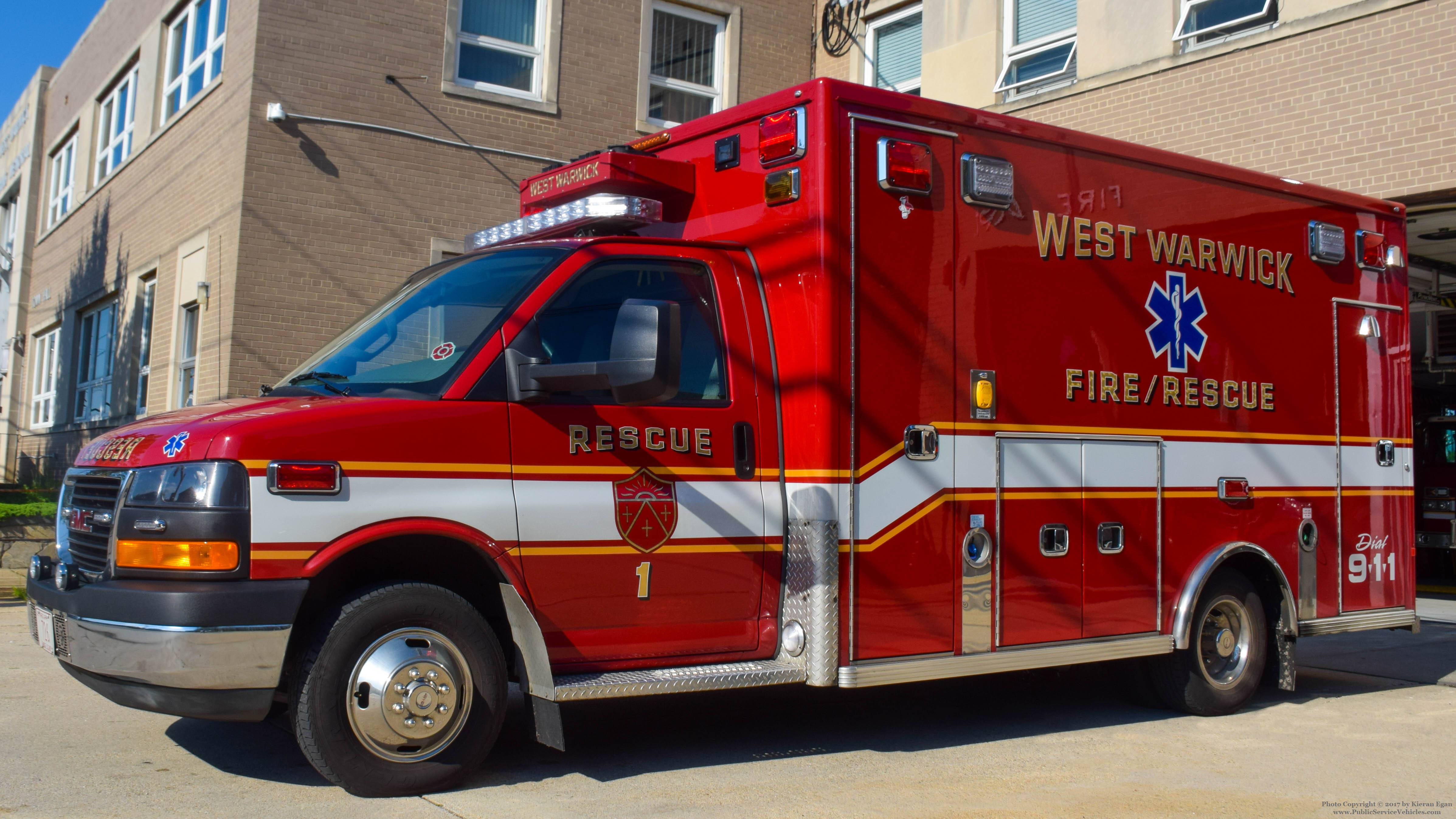 A photo  of West Warwick Fire
            Rescue 1, a 2016 GMC G4500             taken by Kieran Egan