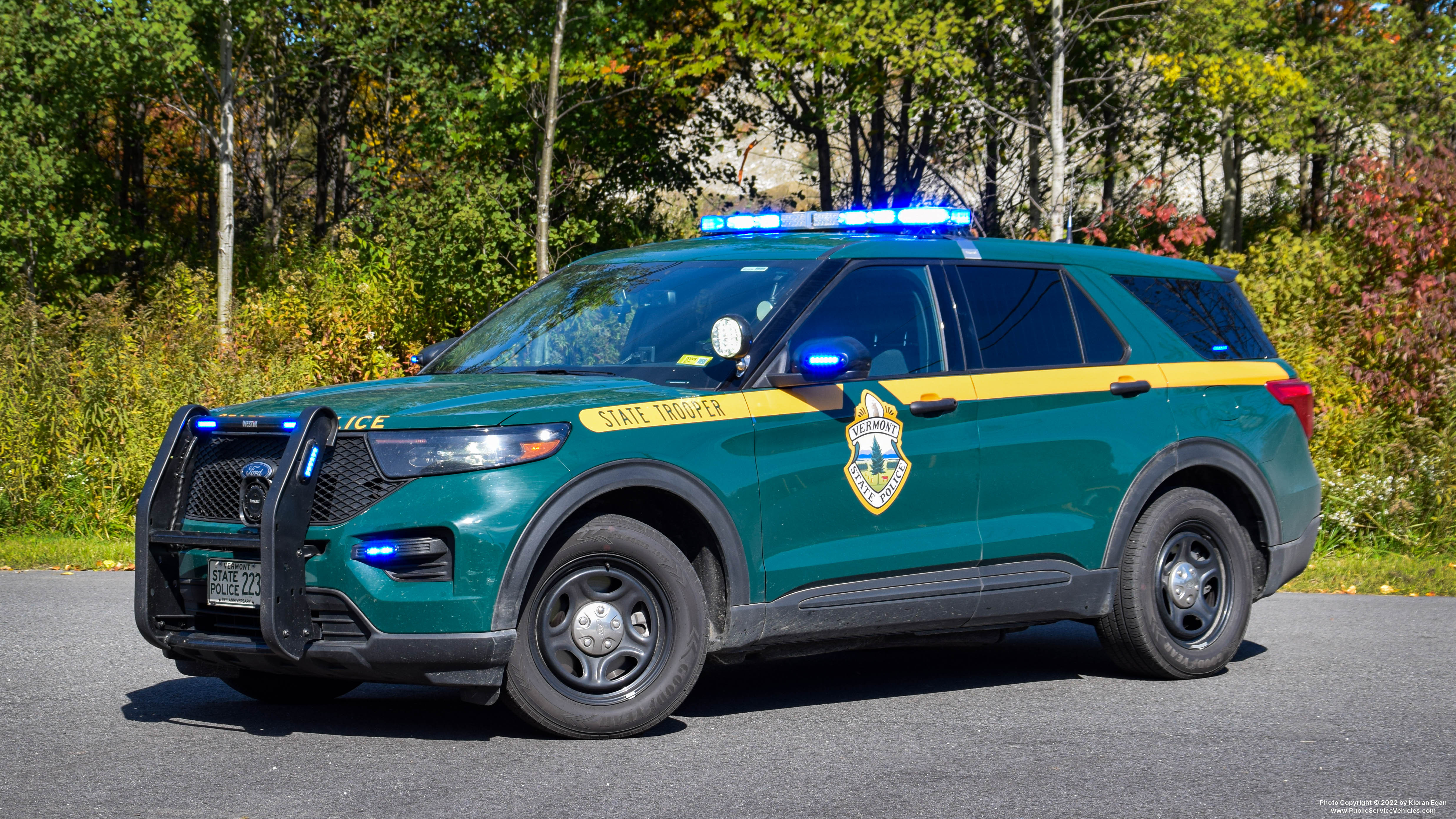 A photo  of Vermont State Police
            Cruiser 223, a 2020-2021 Ford Police Interceptor Utility             taken by Kieran Egan