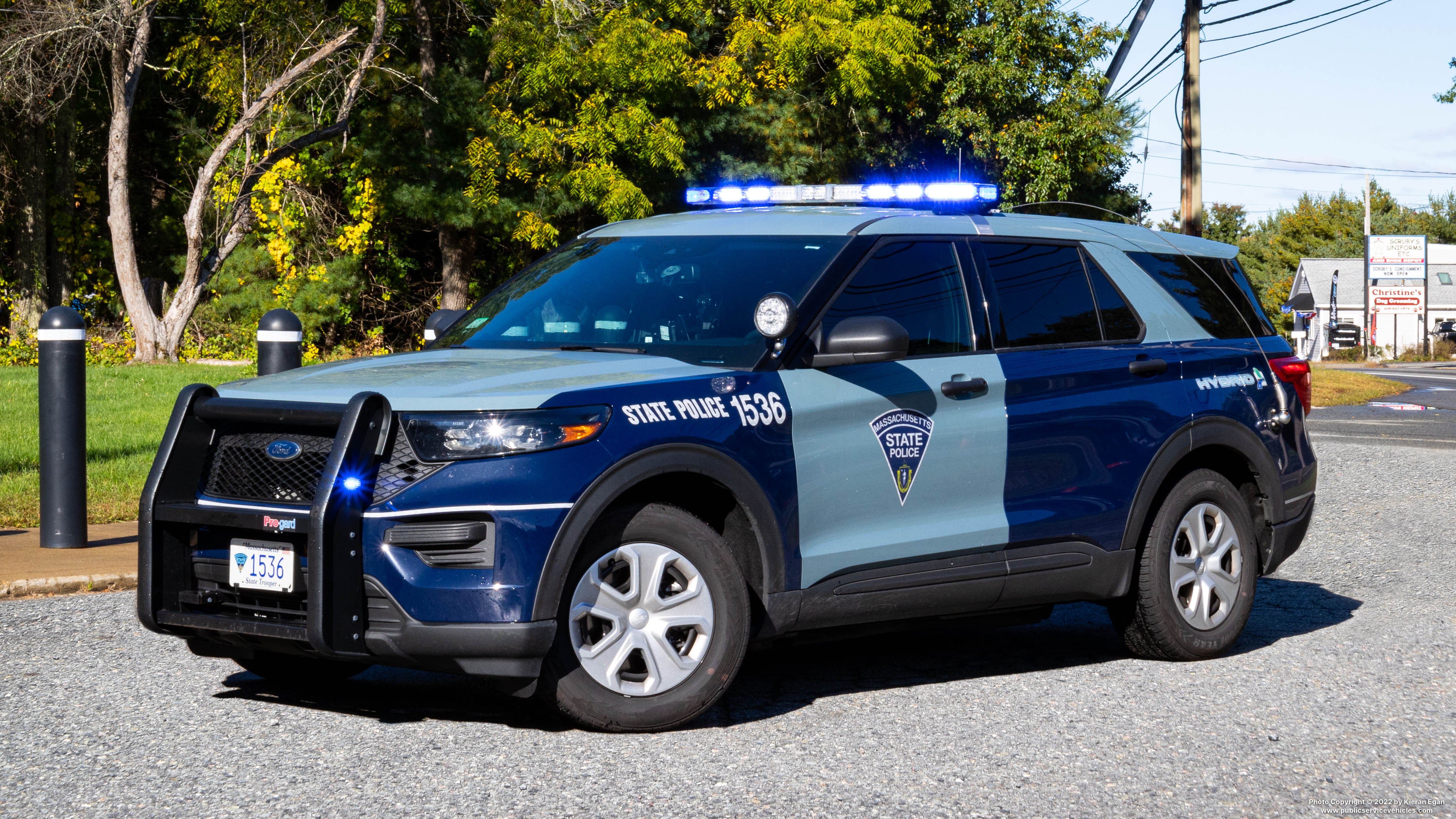 A photo  of Massachusetts State Police
            Cruiser 1536, a 2021 Ford Police Interceptor Utility Hybrid             taken by Kieran Egan