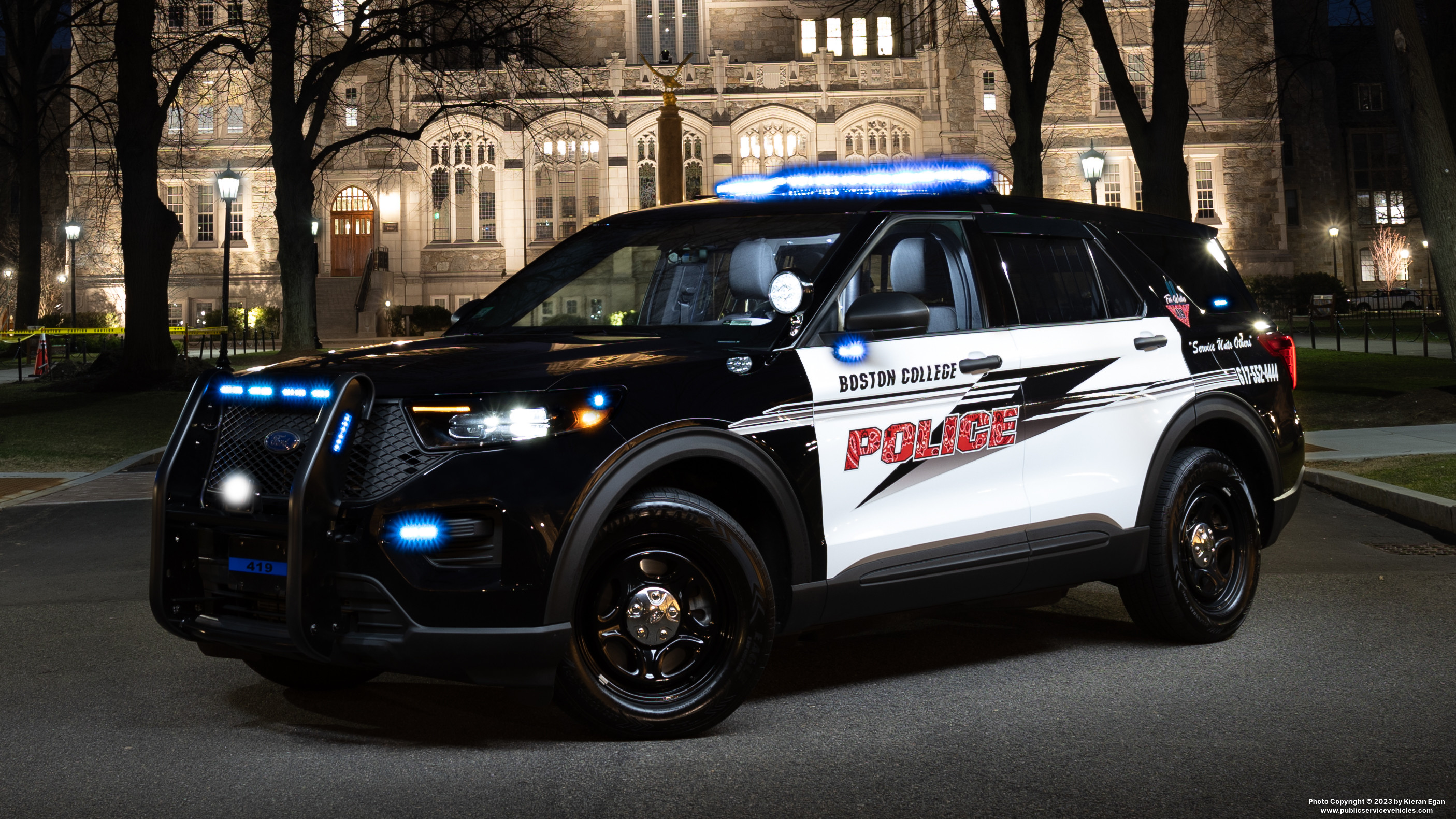A photo  of Boston College Police
            Cruiser 419, a 2022 Ford Police Interceptor Utility Hybrid             taken by Kieran Egan