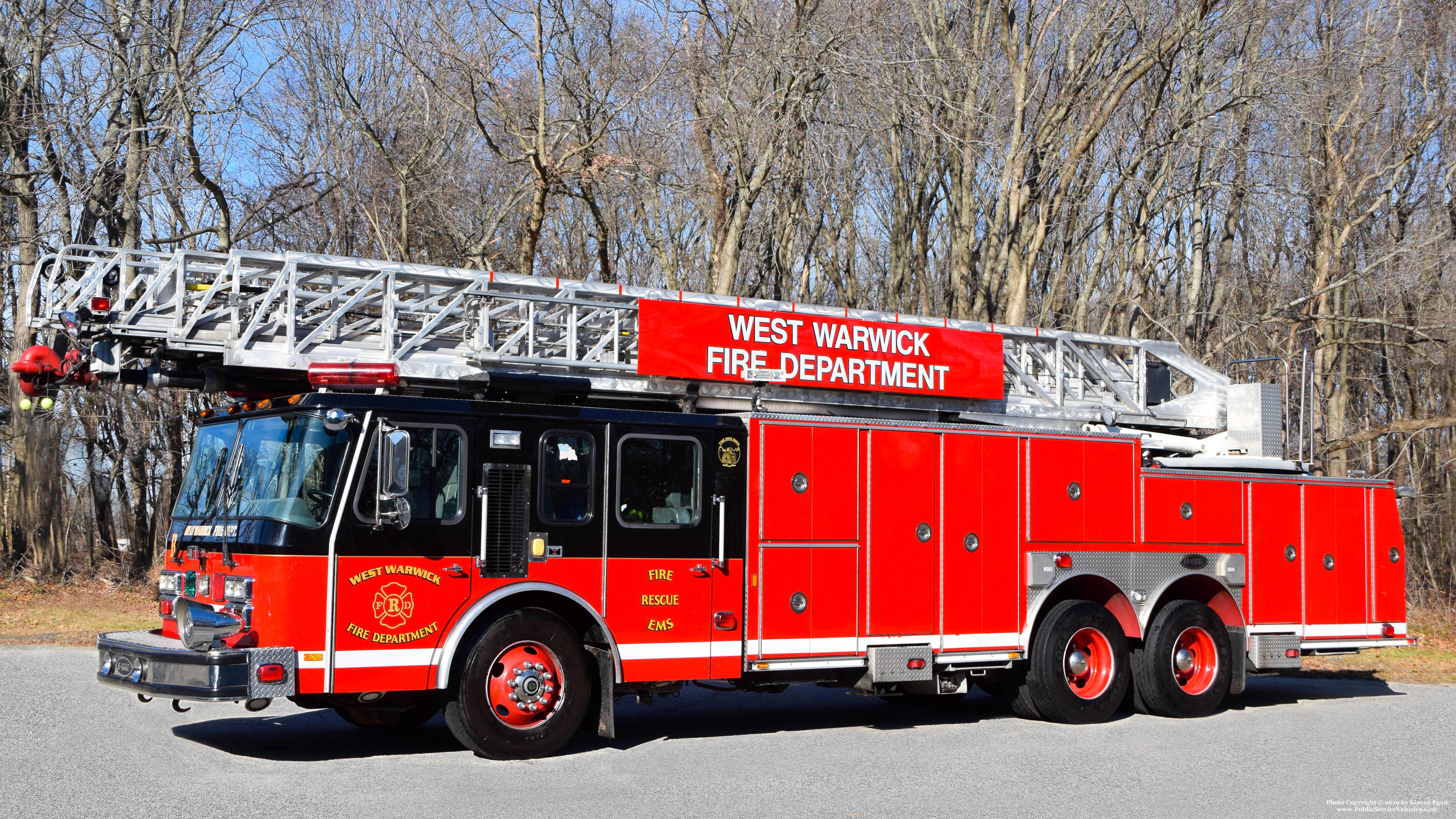 A photo  of West Warwick Fire
            Ladder 2, a 2000 E-One Hurricane             taken by Kieran Egan