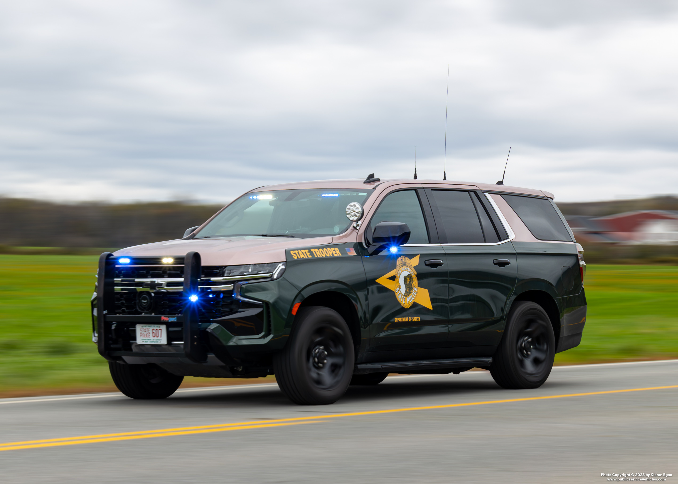 A photo  of New Hampshire State Police
            Cruiser 607, a 2022 Chevrolet Tahoe             taken by Kieran Egan