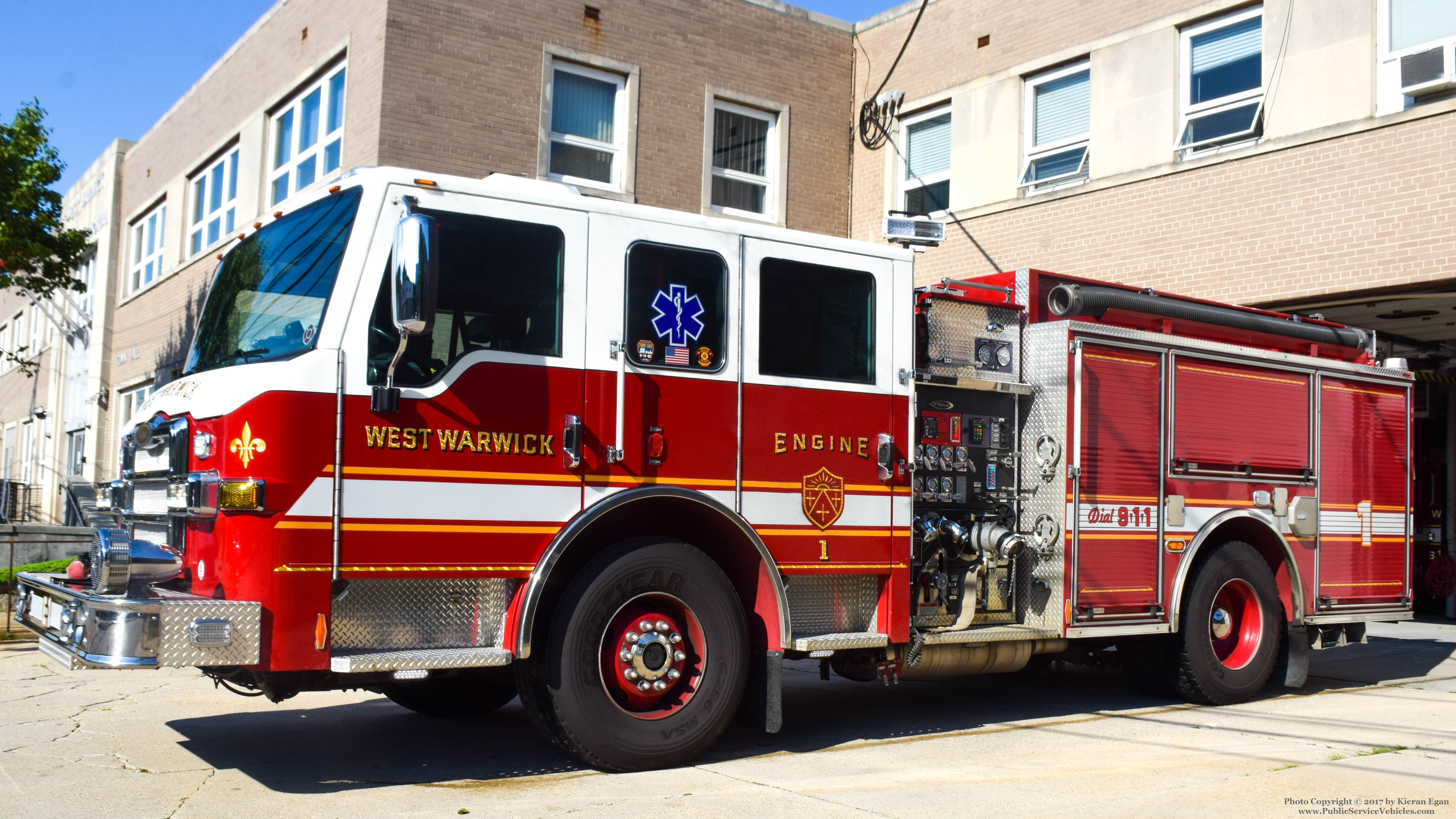 A photo  of West Warwick Fire
            Engine 1, a 2011 Pierce Velocity “Big Block” Contender             taken by Kieran Egan