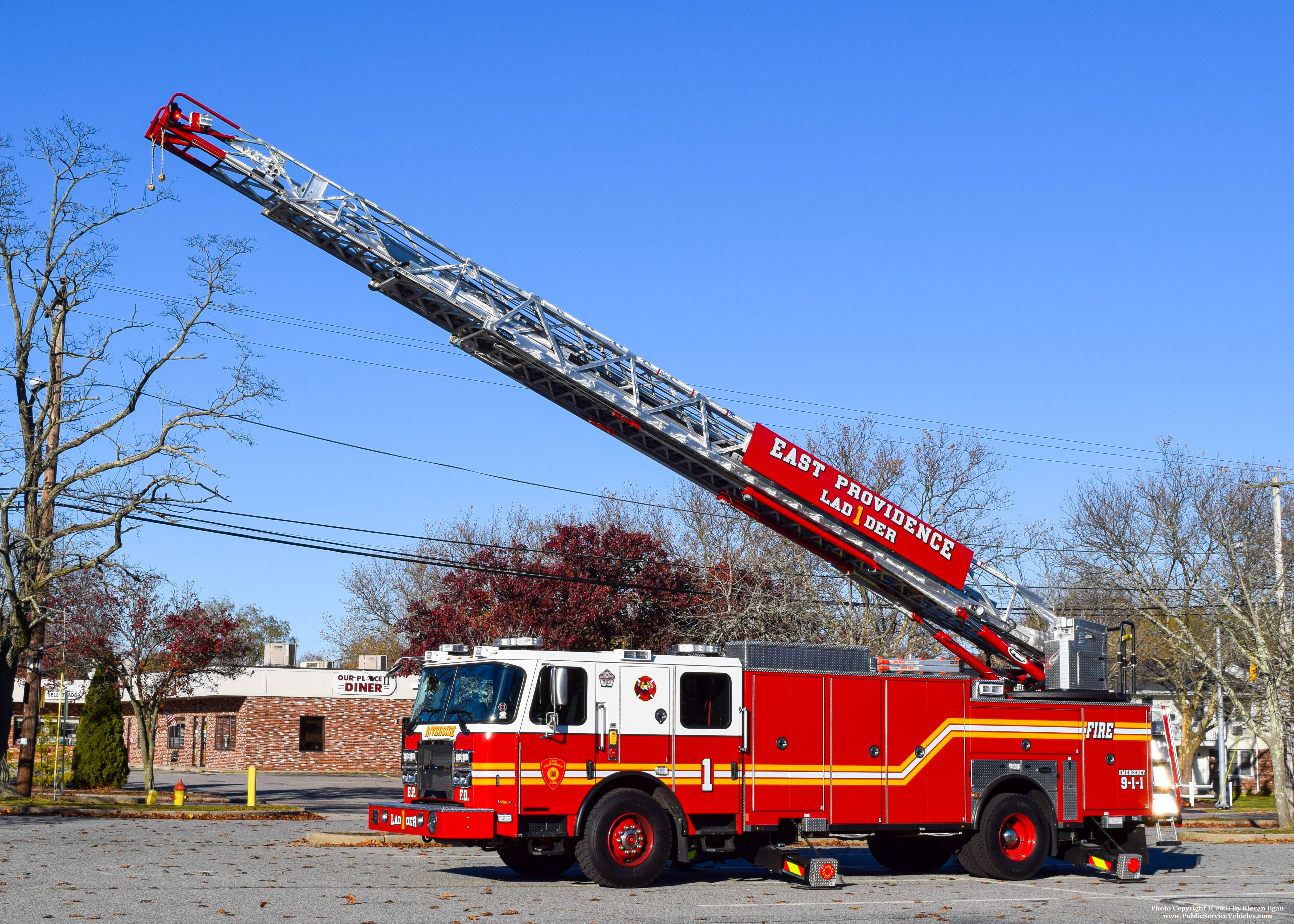 A photo  of East Providence Fire
            Ladder 1, a 2021 E-One Typhoon Metro             taken by Kieran Egan