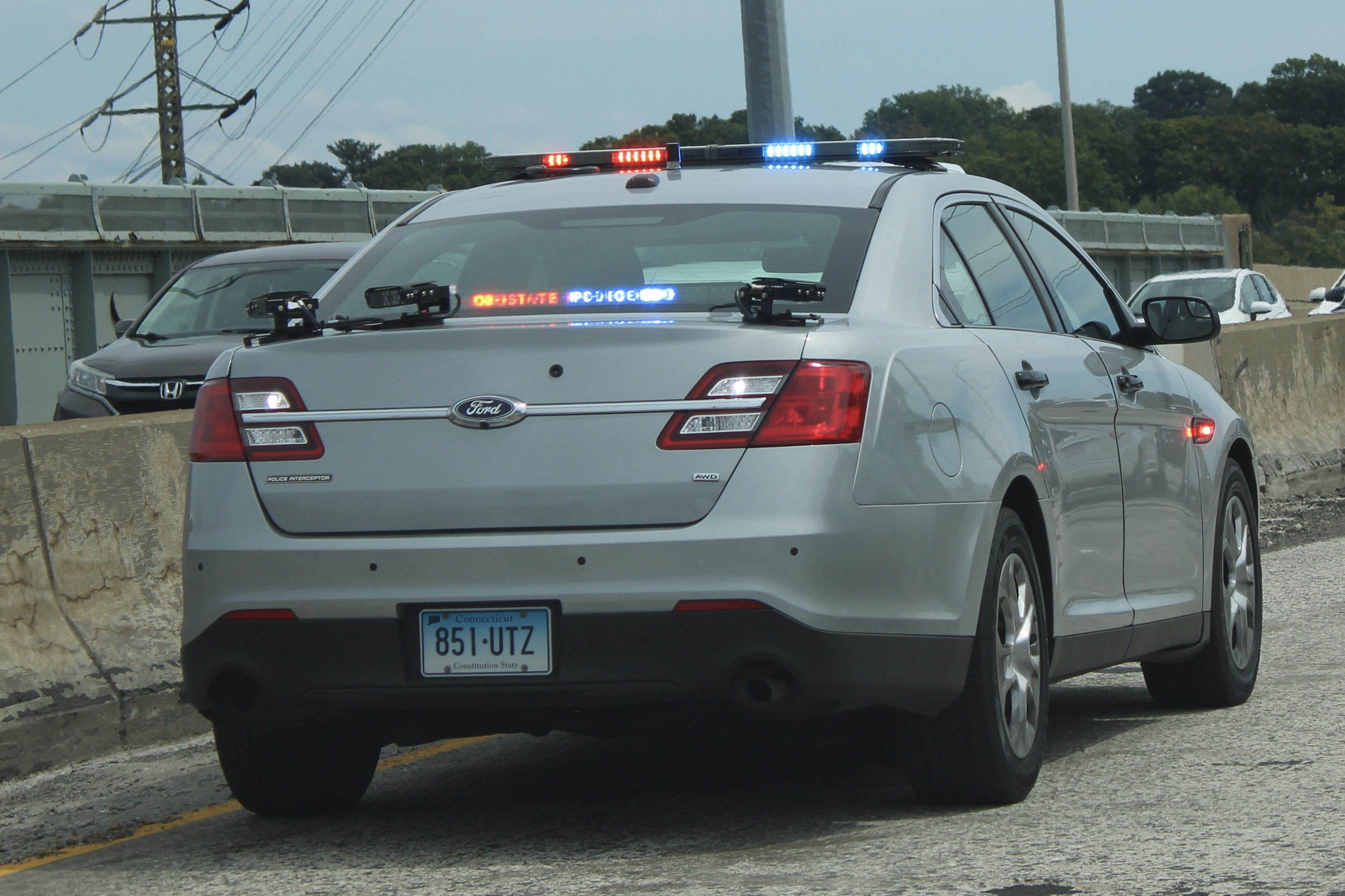 A photo  of Connecticut State Police
            Cruiser 851, a 2013-2019 Ford Police Interceptor Sedan             taken by @riemergencyvehicles
