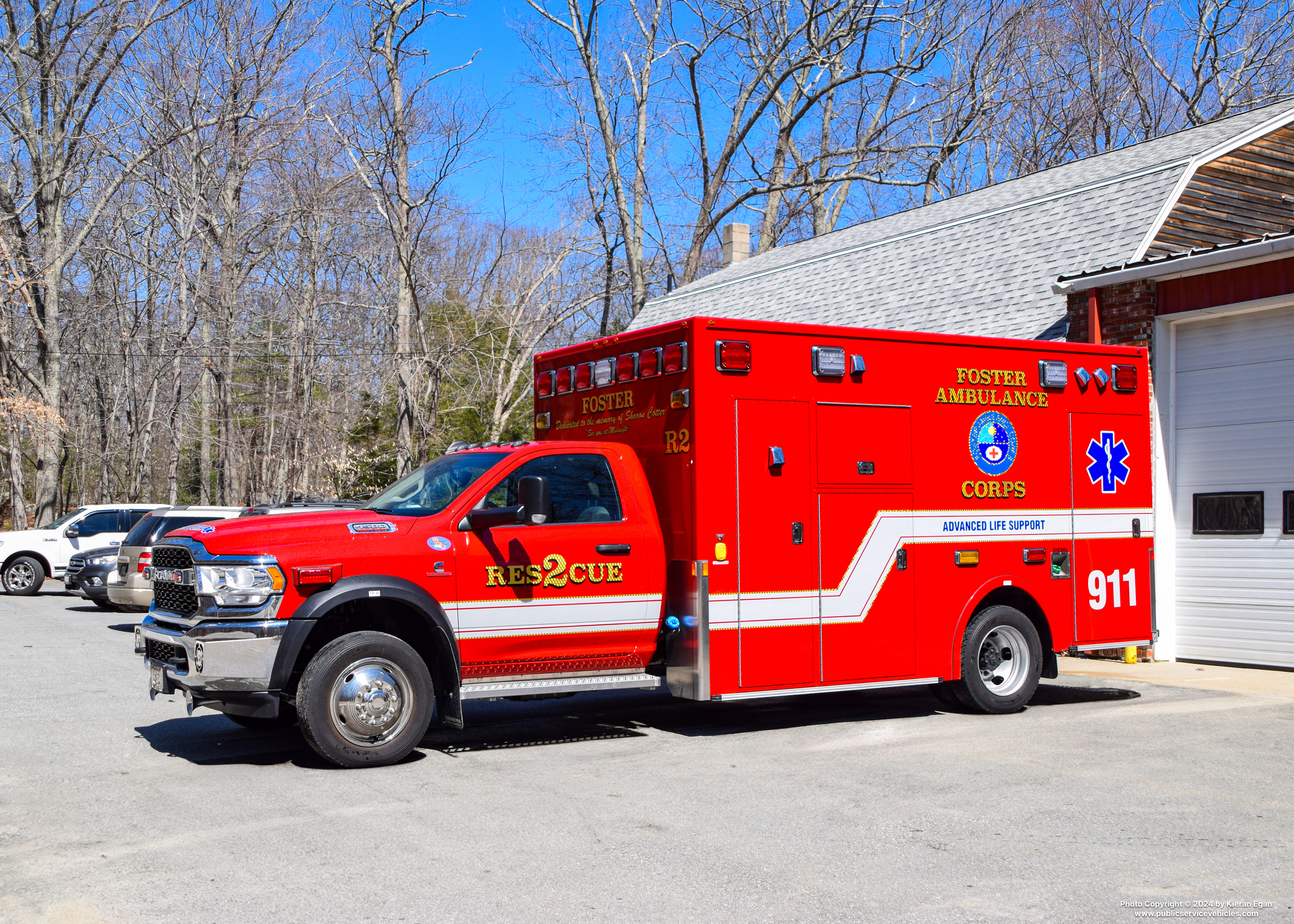 A photo  of Foster Ambulance Corps
            Rescue 2, a 2020 RAM 4500/Demers             taken by Kieran Egan