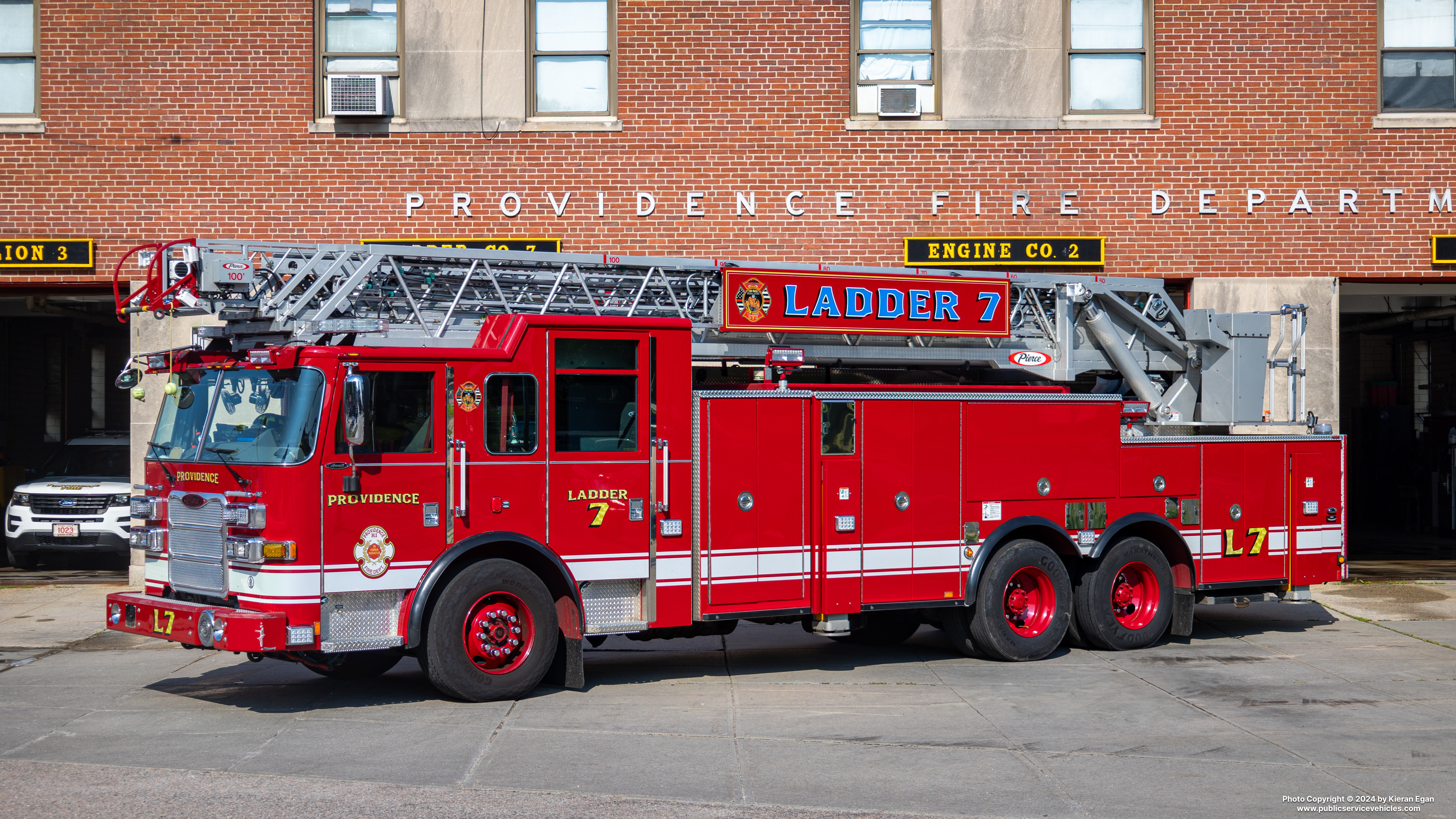 A photo  of Providence Fire
            Ladder 7, a 2021 Pierce Arrow XT             taken by Kieran Egan