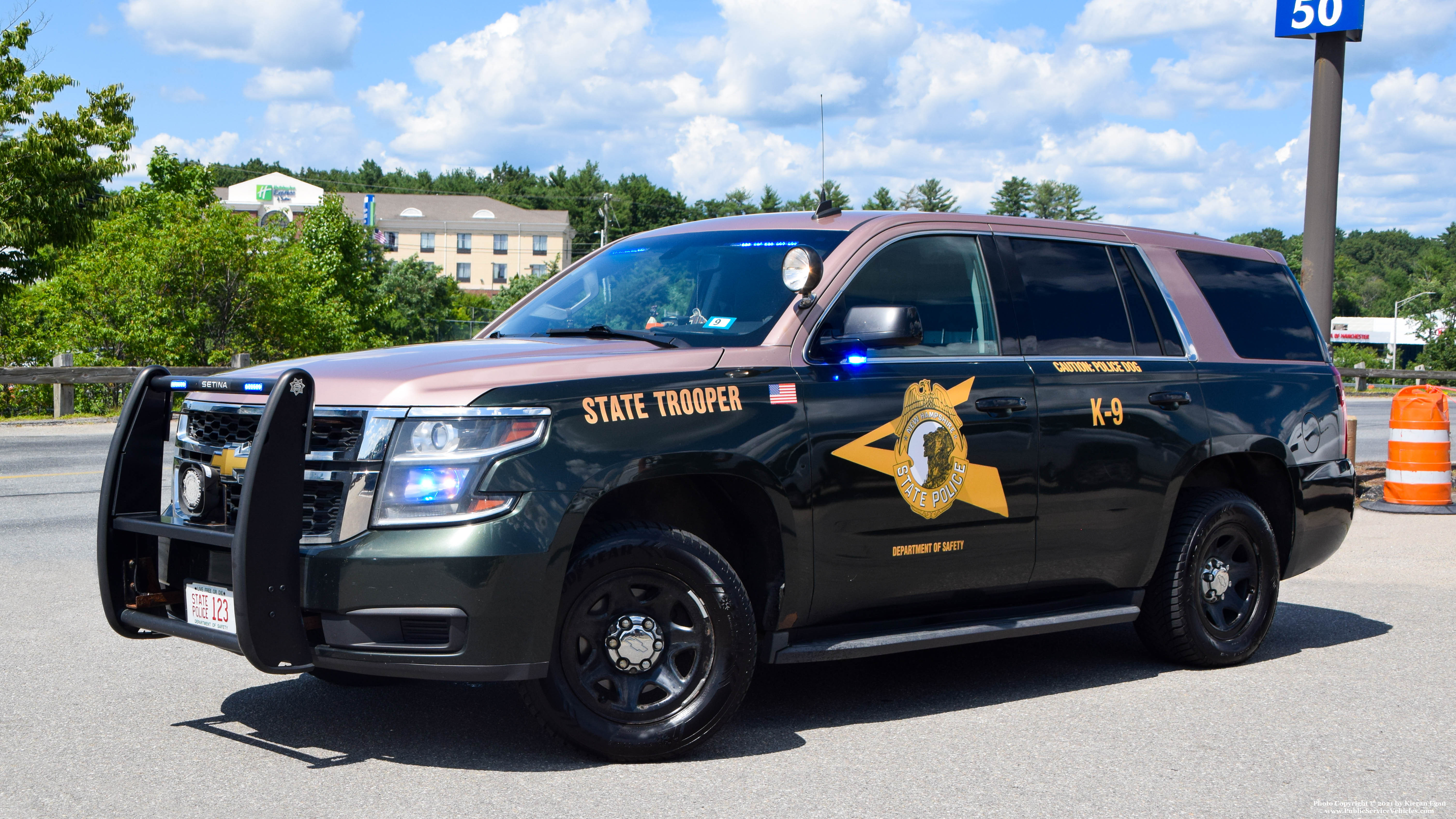A photo  of New Hampshire State Police
            Cruiser 123, a 2015-2019 Chevrolet Tahoe             taken by Kieran Egan