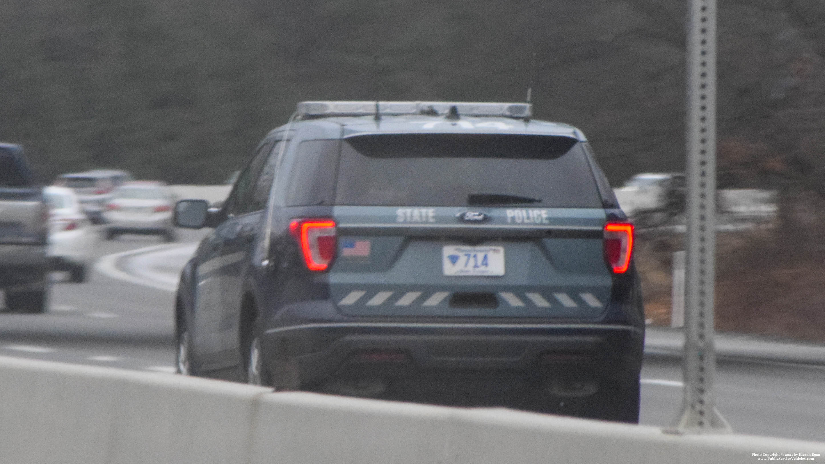 A photo  of Massachusetts State Police
            Cruiser 714, a 2018 Ford Police Interceptor Utility             taken by Kieran Egan