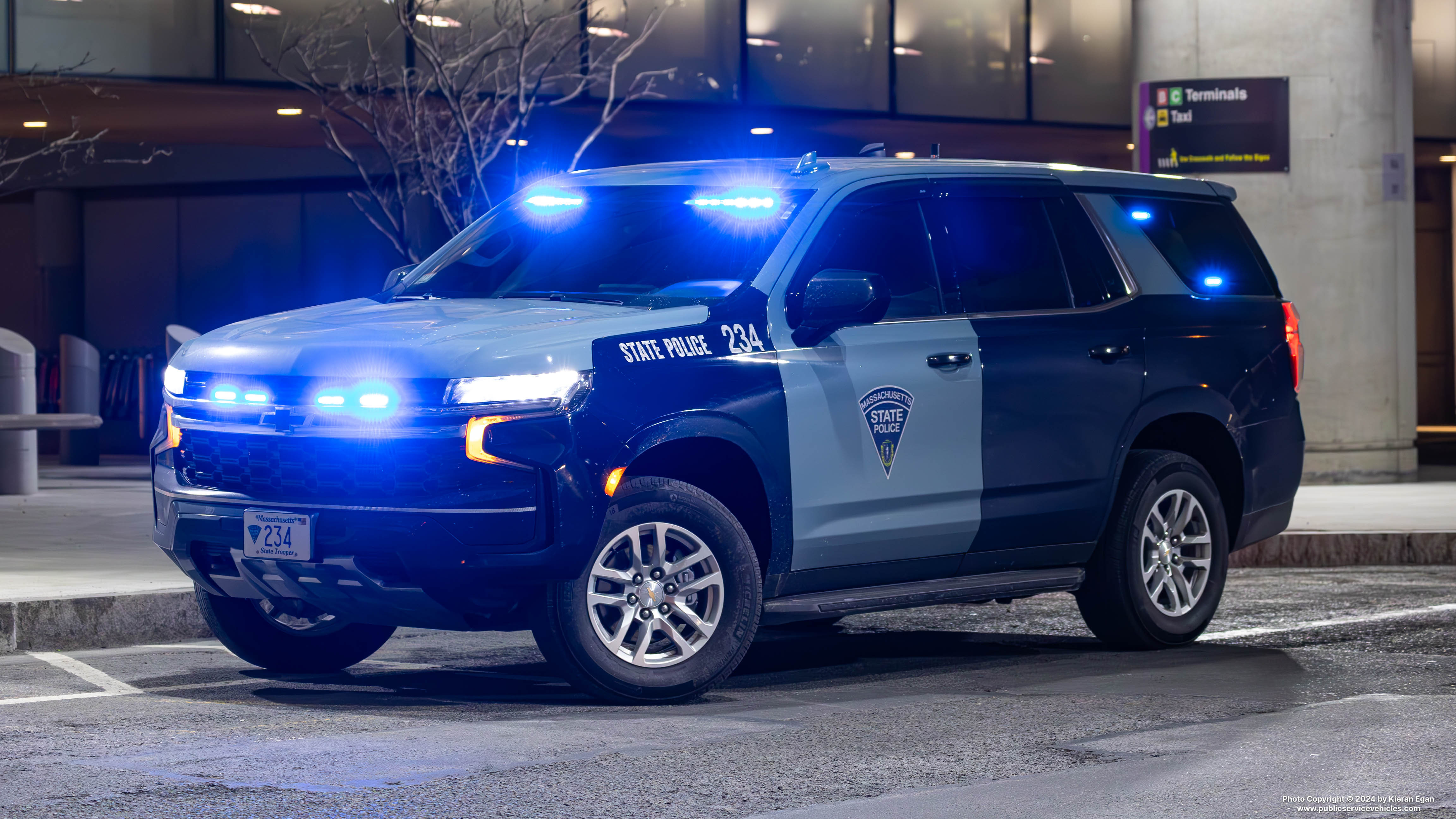 A photo  of Massachusetts State Police
            Cruiser 234, a 2023 Chevrolet Tahoe             taken by Kieran Egan