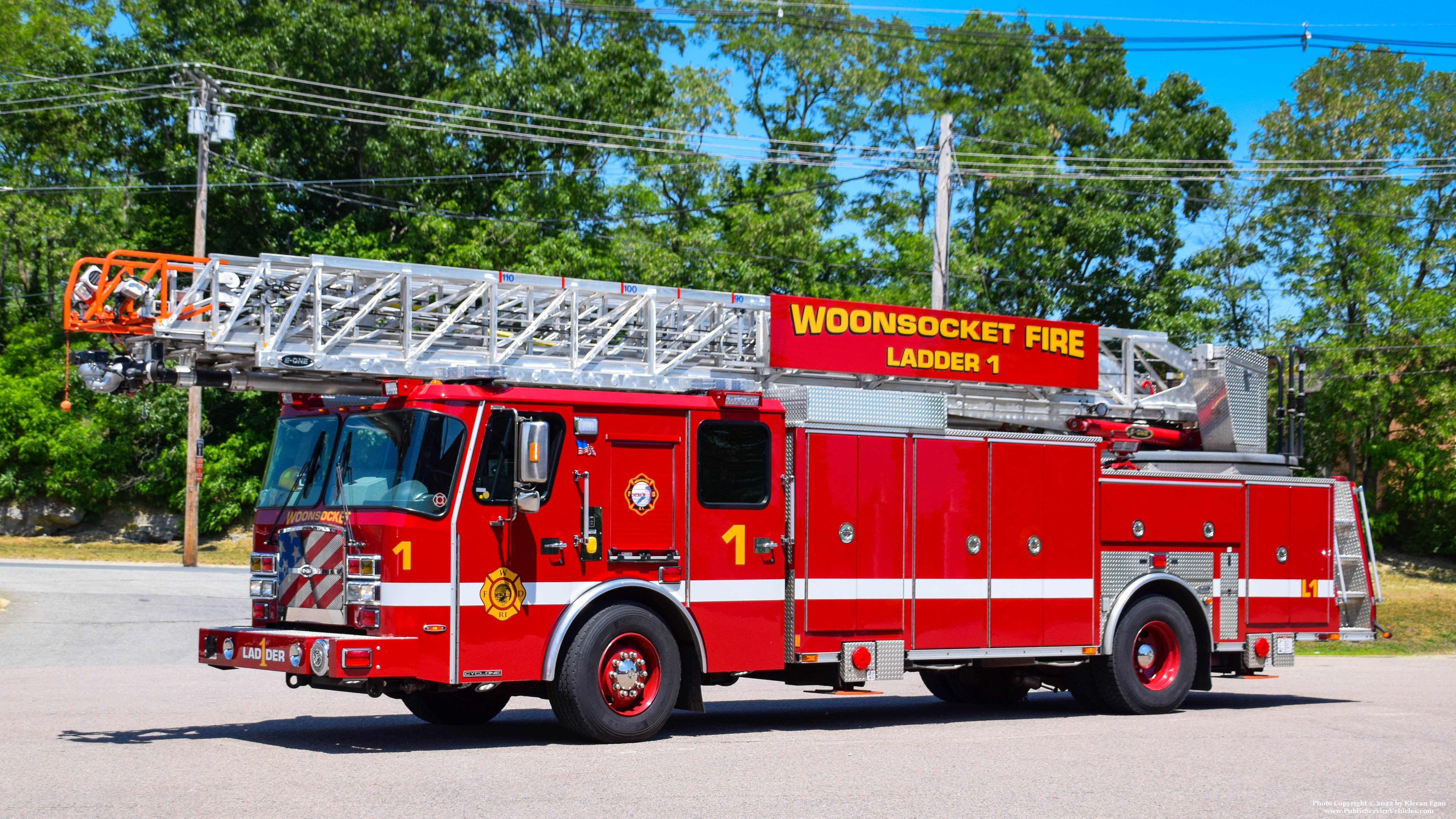 A photo  of Woonsocket Fire
            Ladder 1, a 2017 E-One Cyclone Metro             taken by Kieran Egan