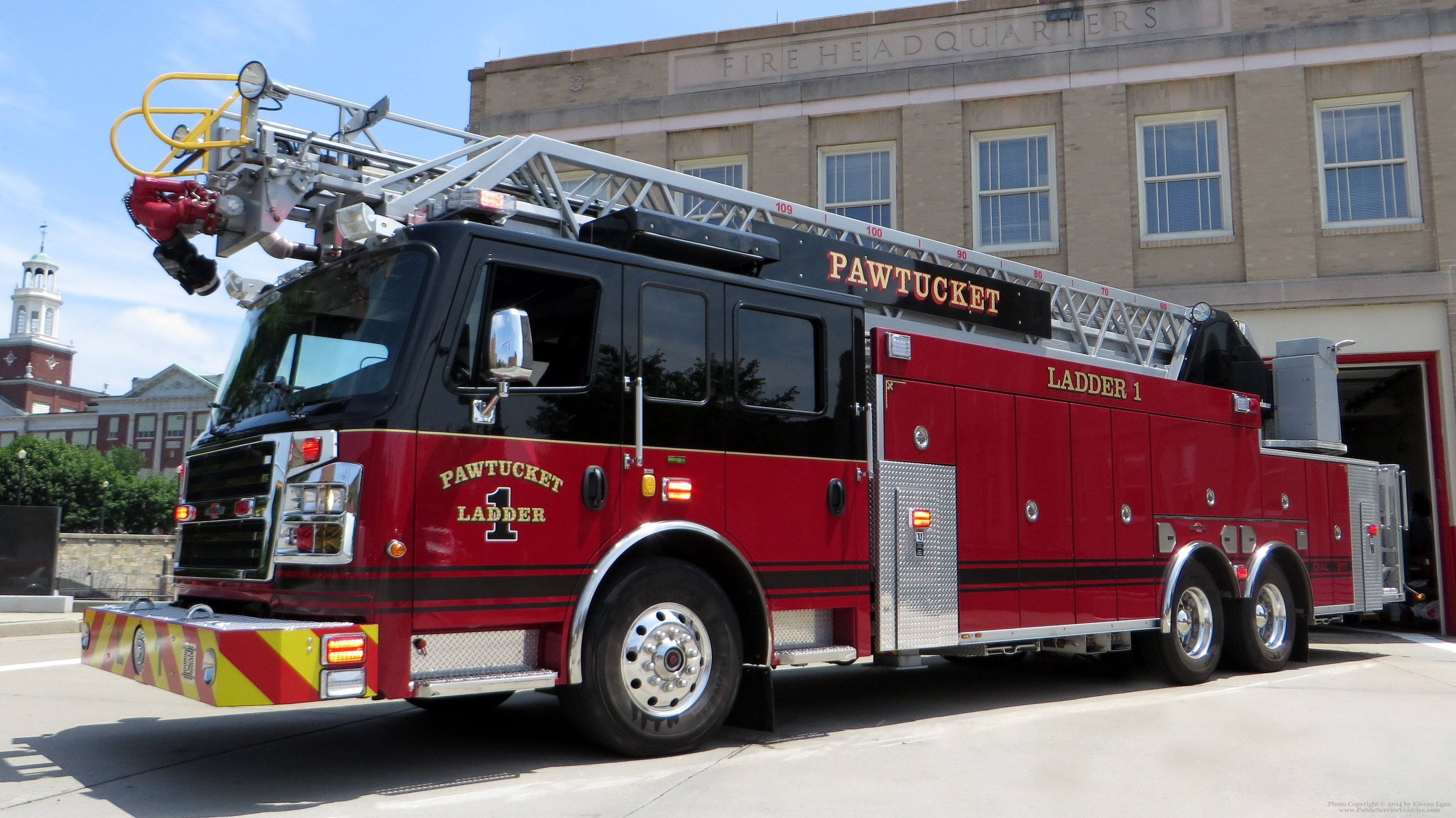 A photo  of Pawtucket Fire
            Ladder 1, a 2014 Rosenbauer Commander             taken by Kieran Egan