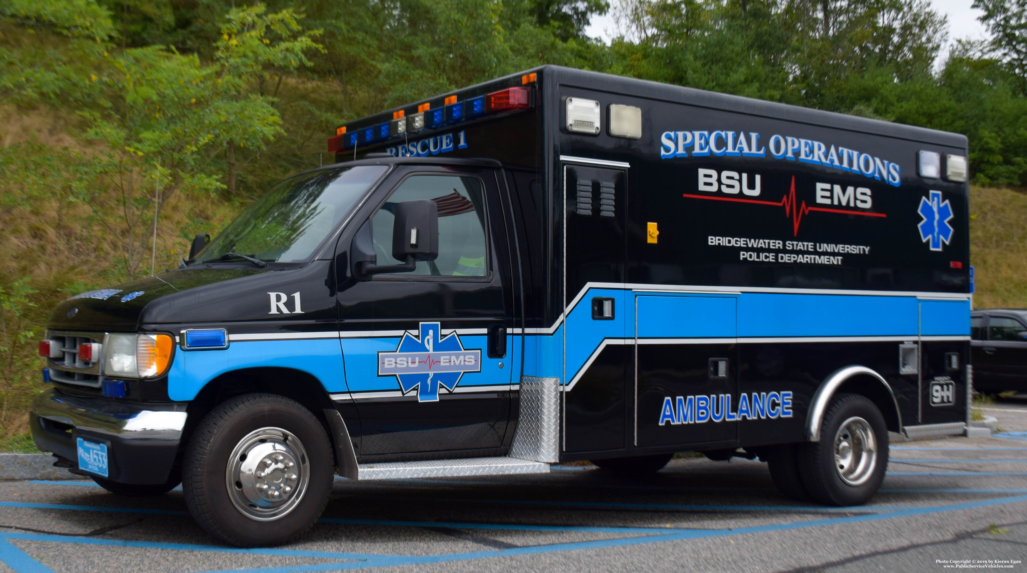 A photo  of Bridgewater State University Police
            Rescue 1, a 2001 Ford E-450             taken by Kieran Egan