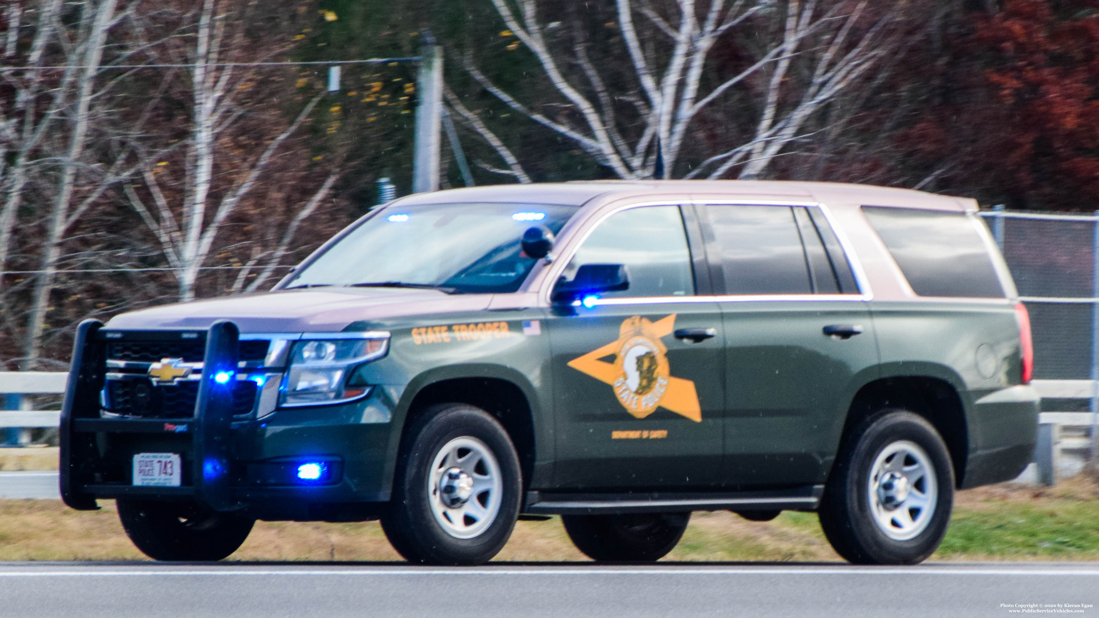 A photo  of New Hampshire State Police
            Cruiser 743, a 2014-2019 Chevrolet Tahoe             taken by Kieran Egan