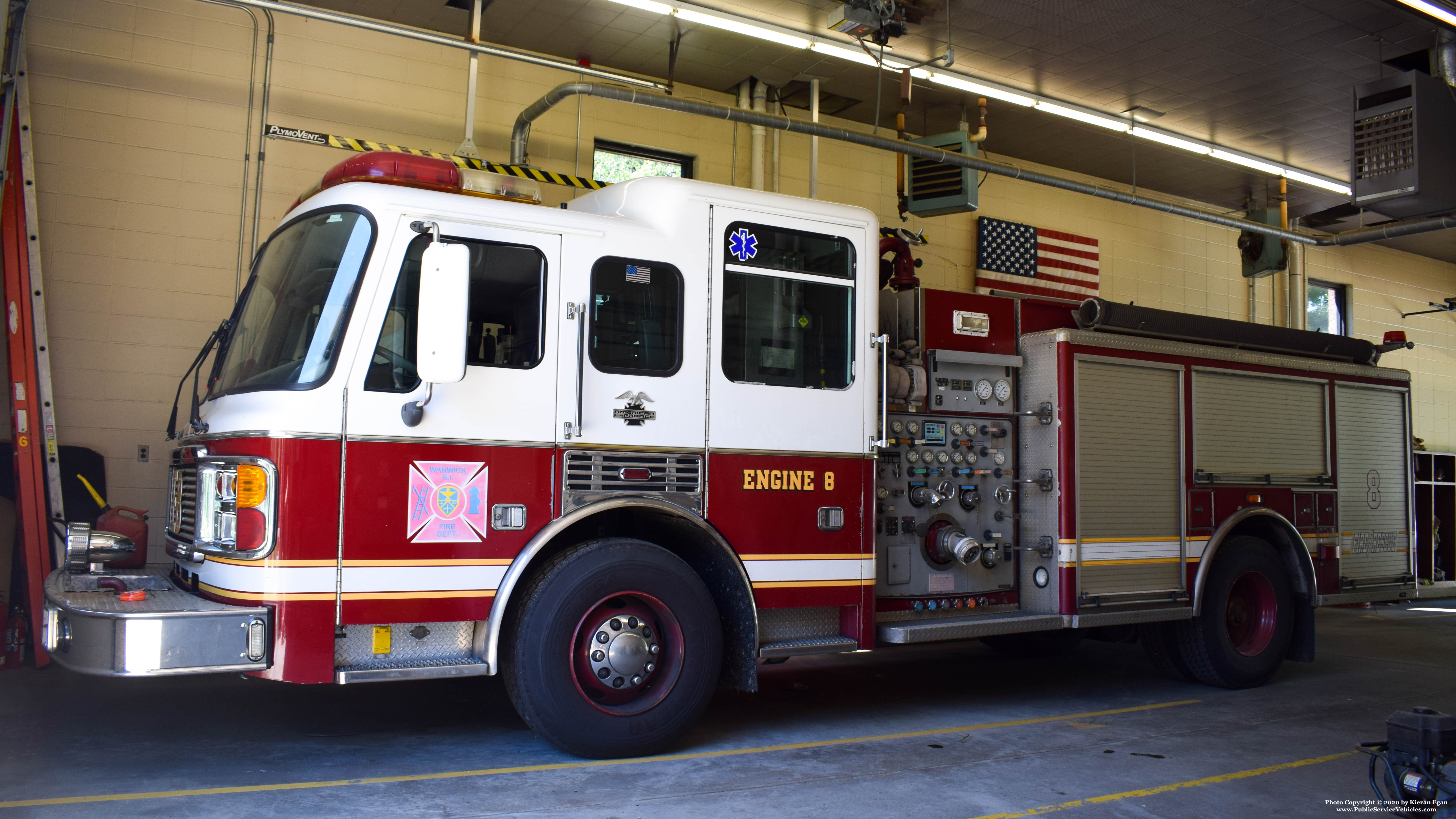 A photo  of Warwick Fire
            Engine 8, a 2001 American LaFrance Eagle             taken by Kieran Egan