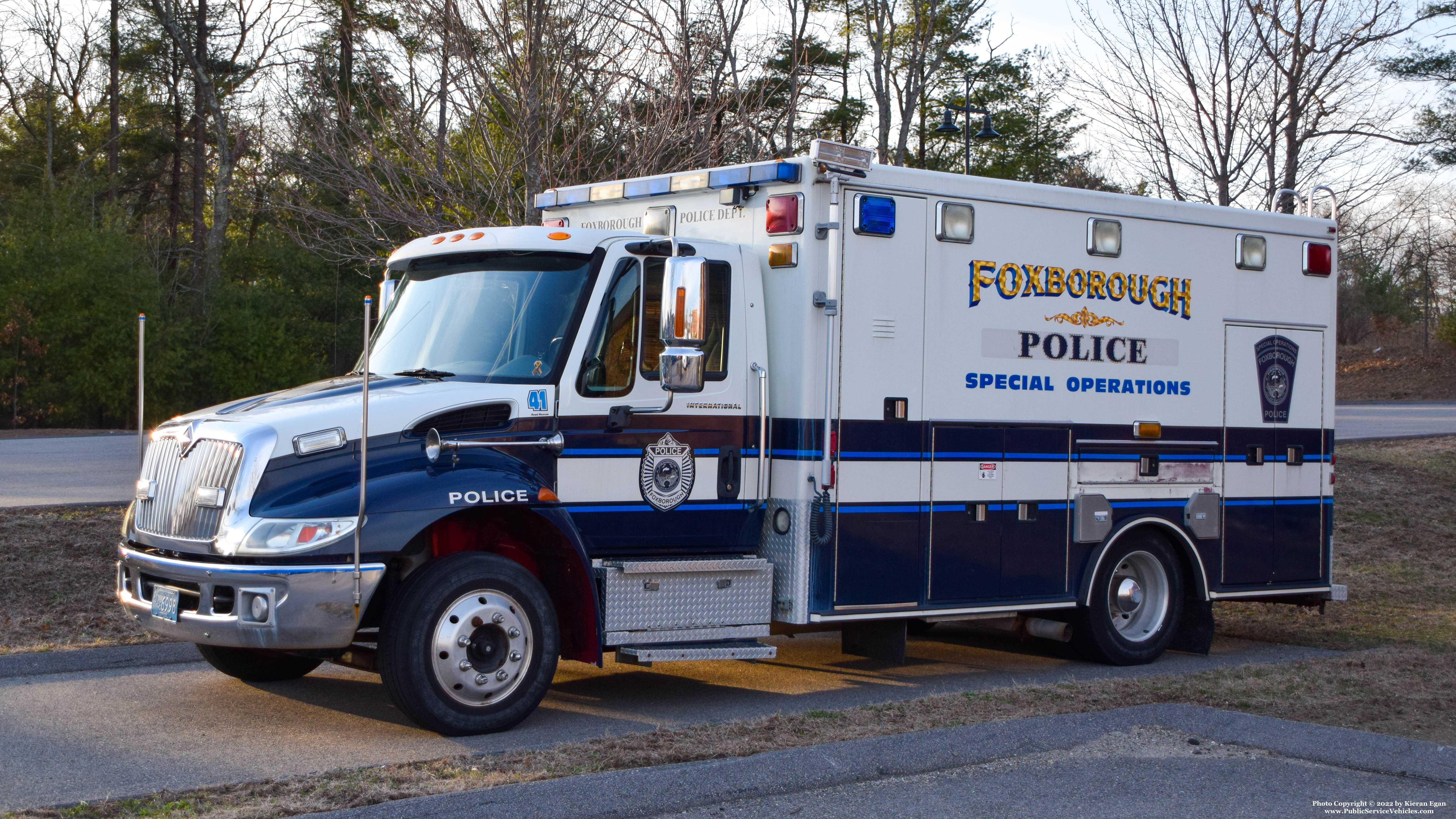 A photo  of Foxborough Police
            Truck 41, a 2004 International 4000 Series/Road Rescue             taken by Kieran Egan