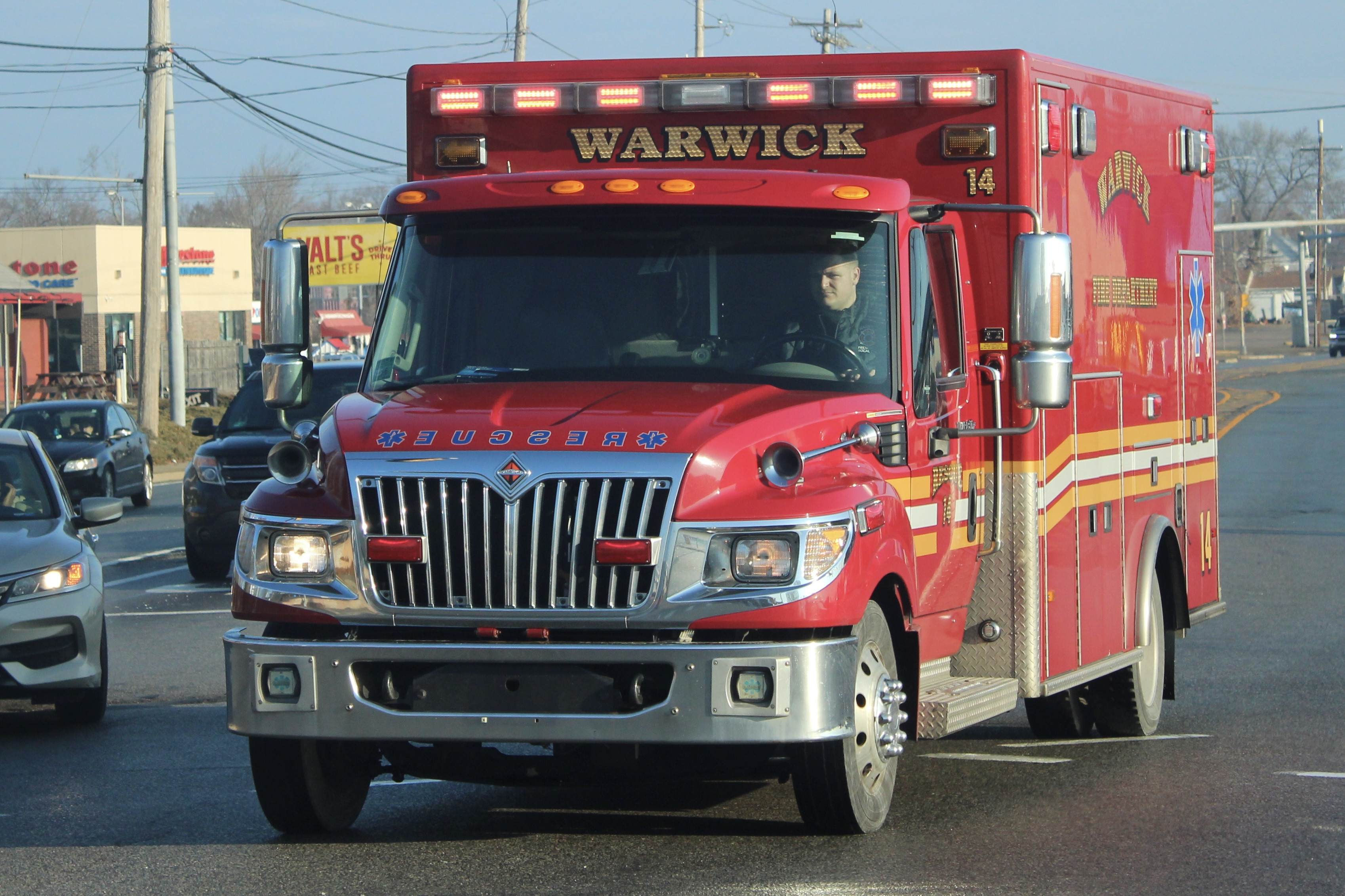 A photo  of Warwick Fire
            Rescue 14, a 2013 International TerraStar/PL Custom             taken by @riemergencyvehicles
