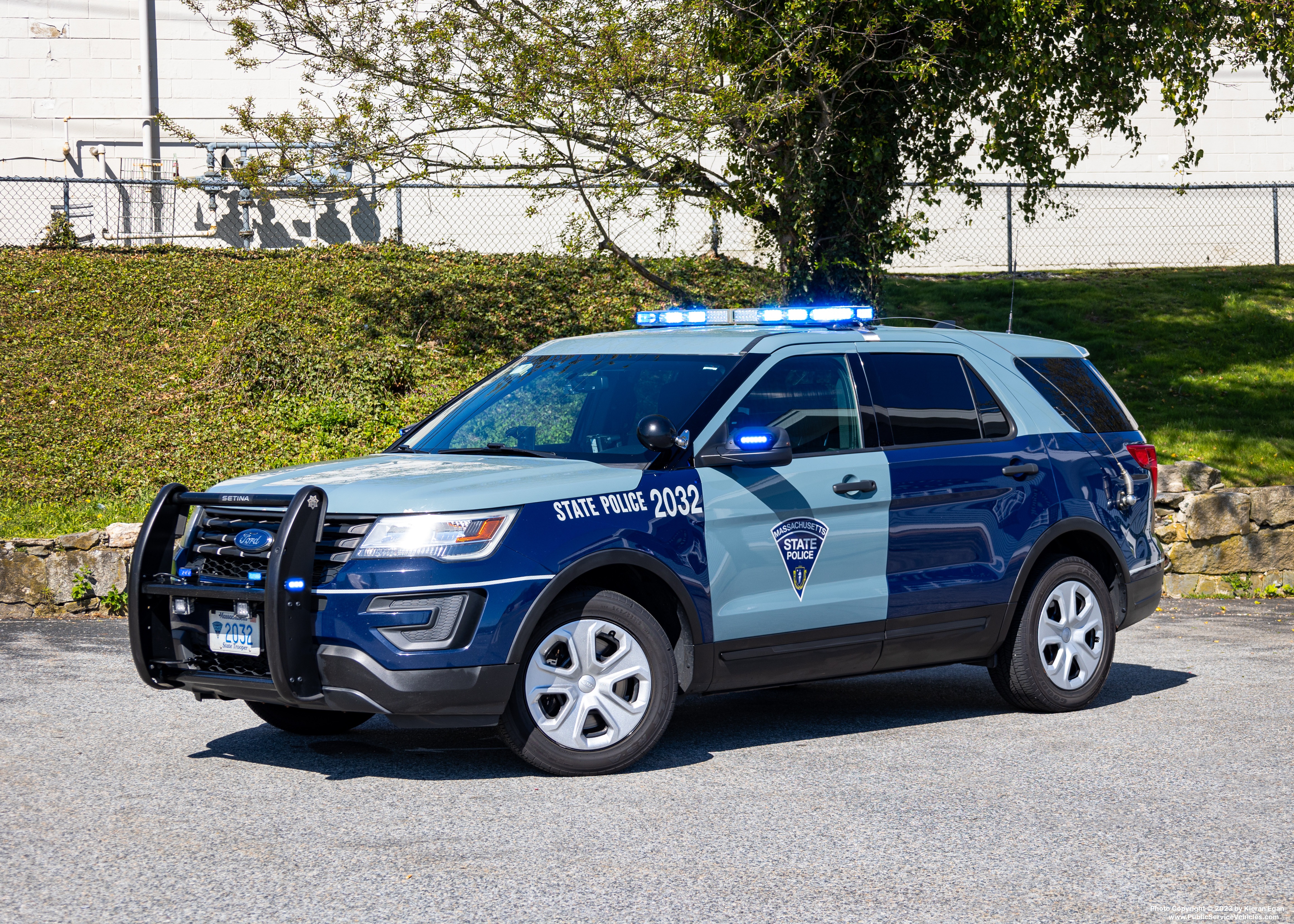A photo  of Massachusetts State Police
            Cruiser 2032, a 2018 Ford Police Interceptor Utility             taken by Kieran Egan