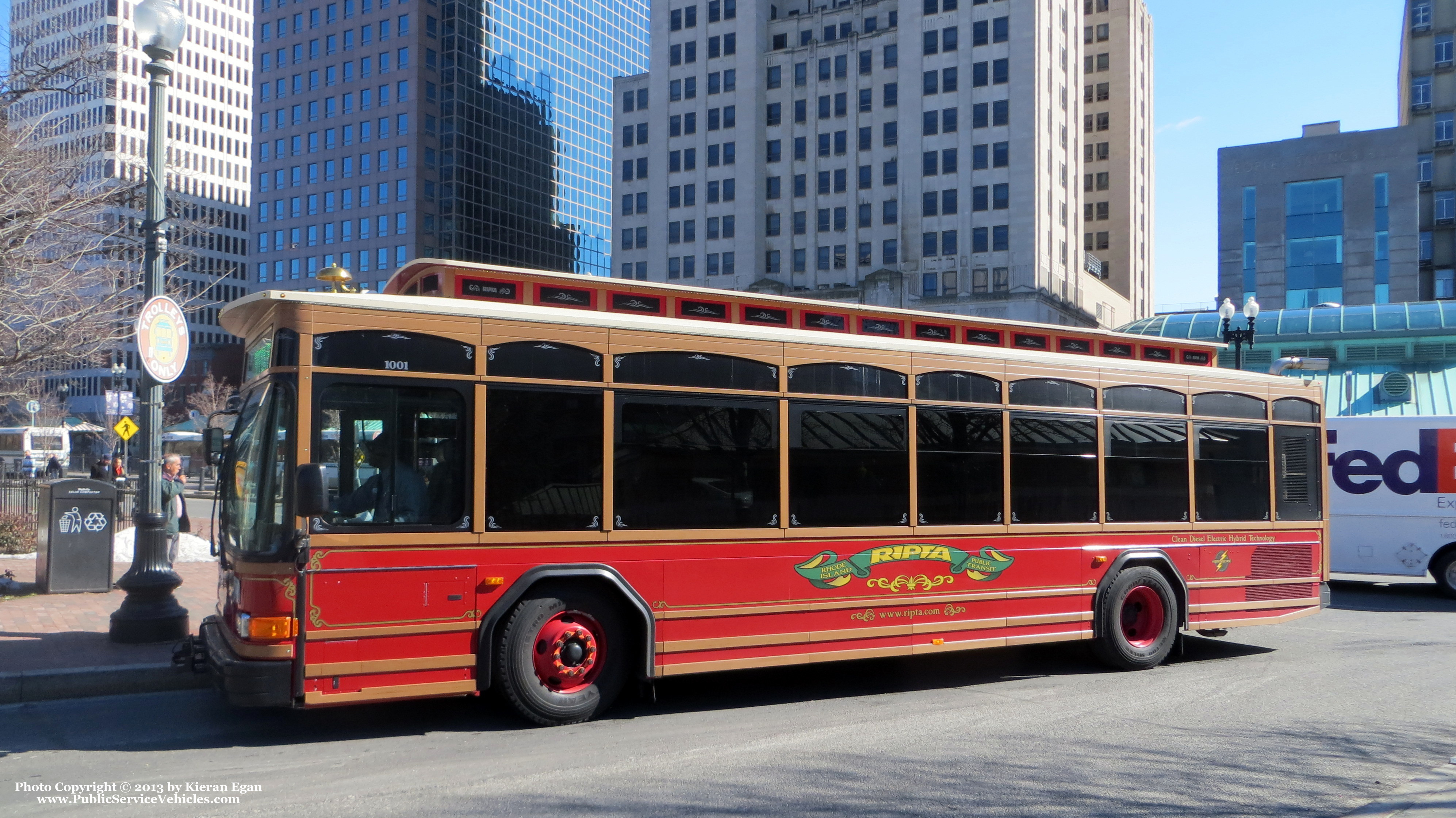 A photo  of Rhode Island Public Transit Authority
            Trolley 1001, a 2010 Gillig Low Floor Trolley Replica HEV             taken by Kieran Egan