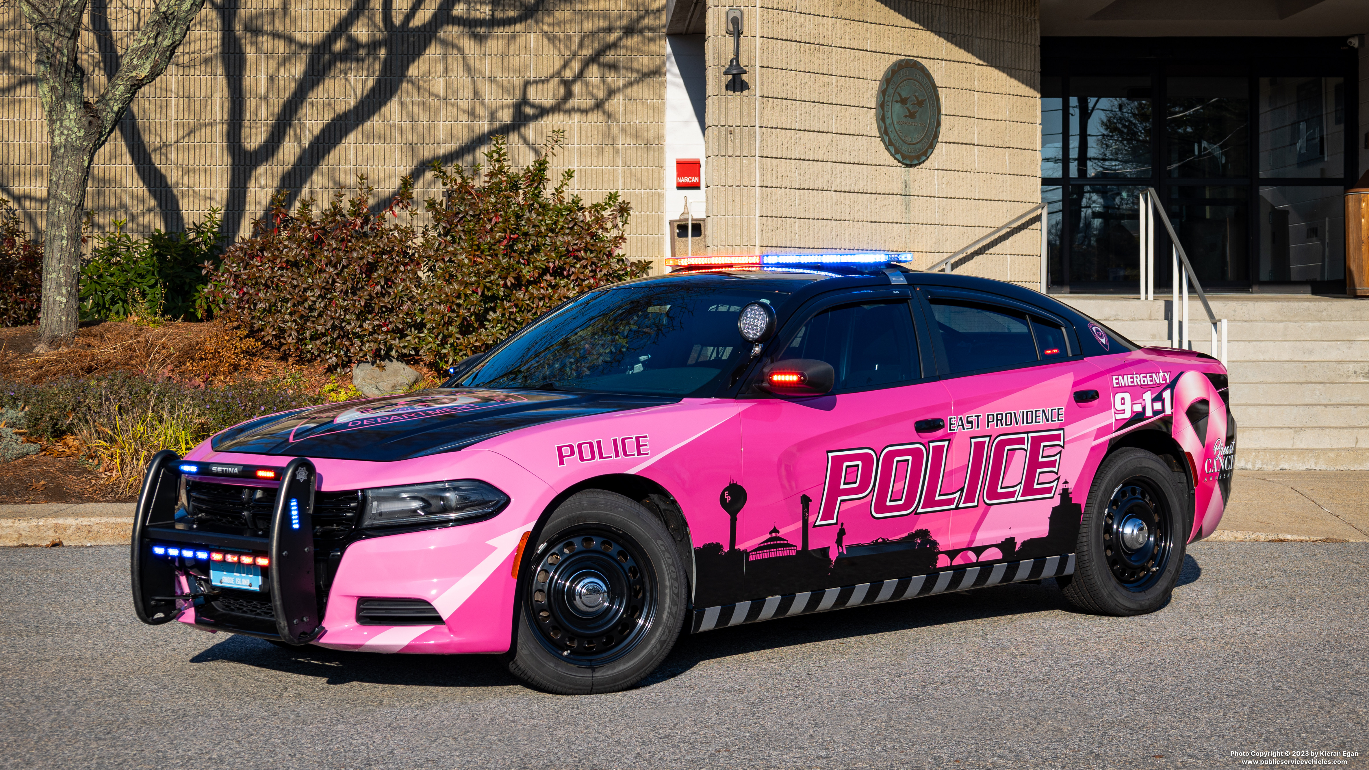 A photo  of East Providence Police
            Breast Cancer Awareness Unit, a 2019 Dodge Charger             taken by Kieran Egan