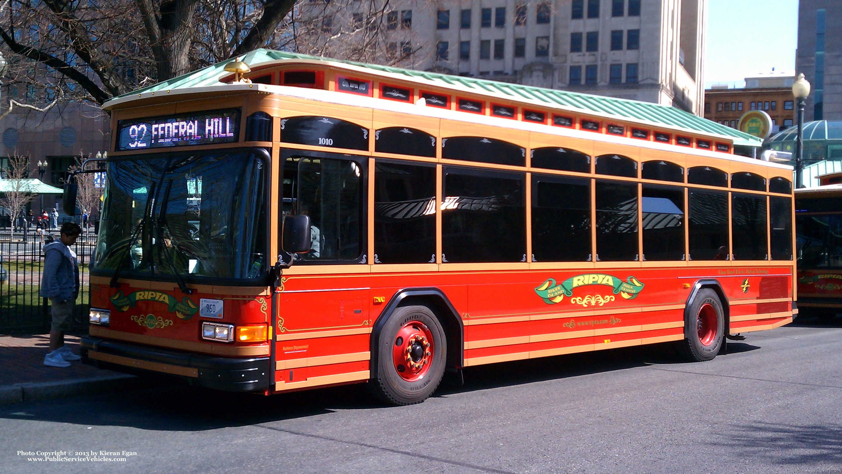 A photo  of Rhode Island Public Transit Authority
            Trolley 1010, a 2010 Gillig Low Floor Trolley Replica HEV             taken by Kieran Egan