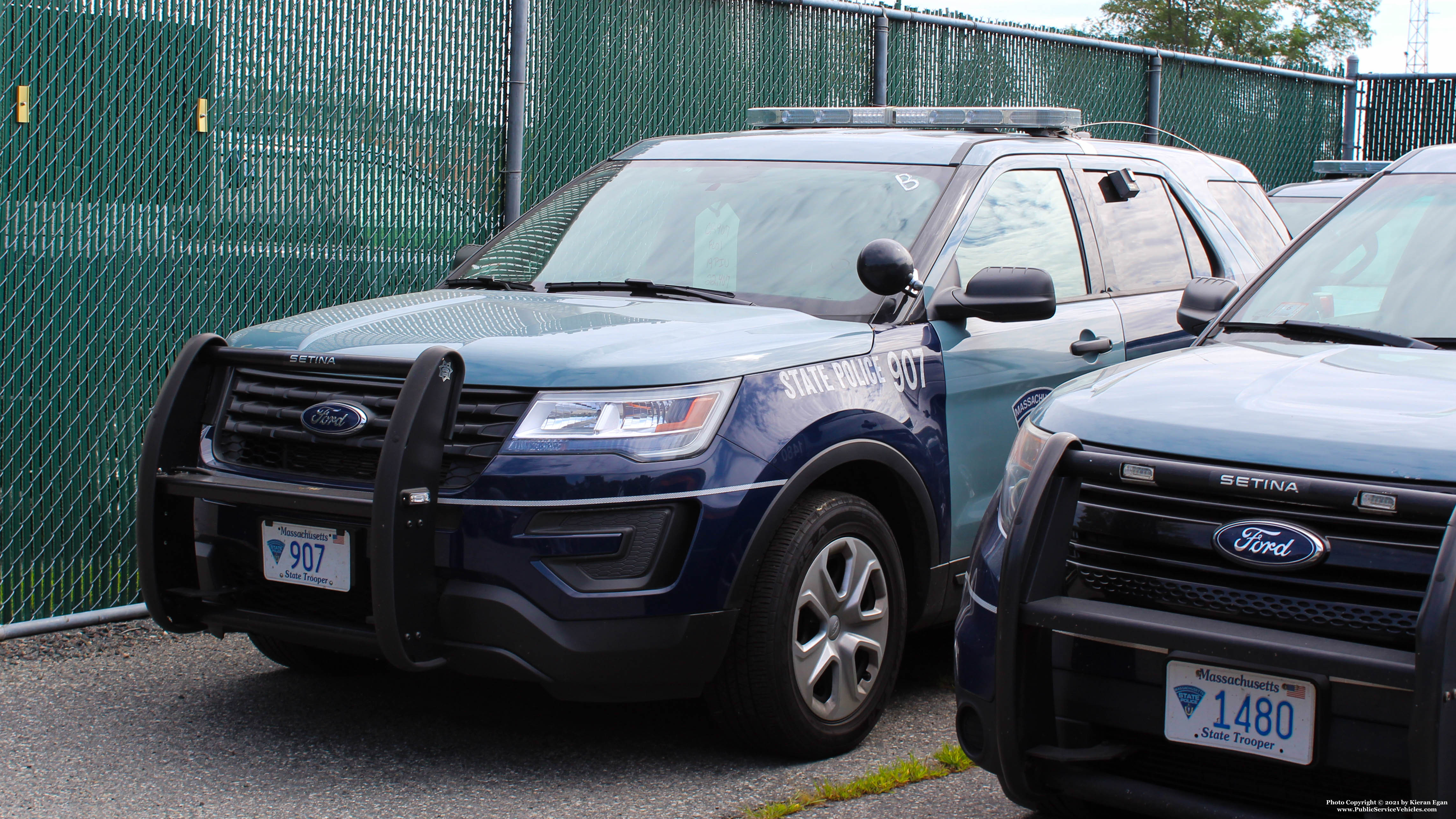 A photo  of Massachusetts State Police
            Cruiser 907, a 2019 Ford Police Interceptor Utility             taken by Kieran Egan
